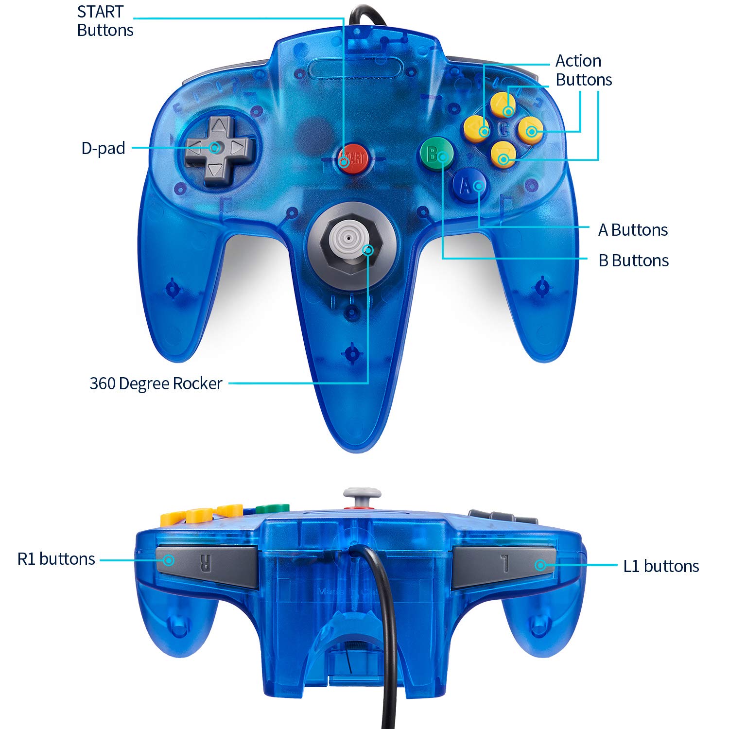 CONTROL PARA CONSOLA MIADORE N64 CLÁSICO CABLEADO 2 UNIDADES AZUL JUNGLA Y NARANJA - 4