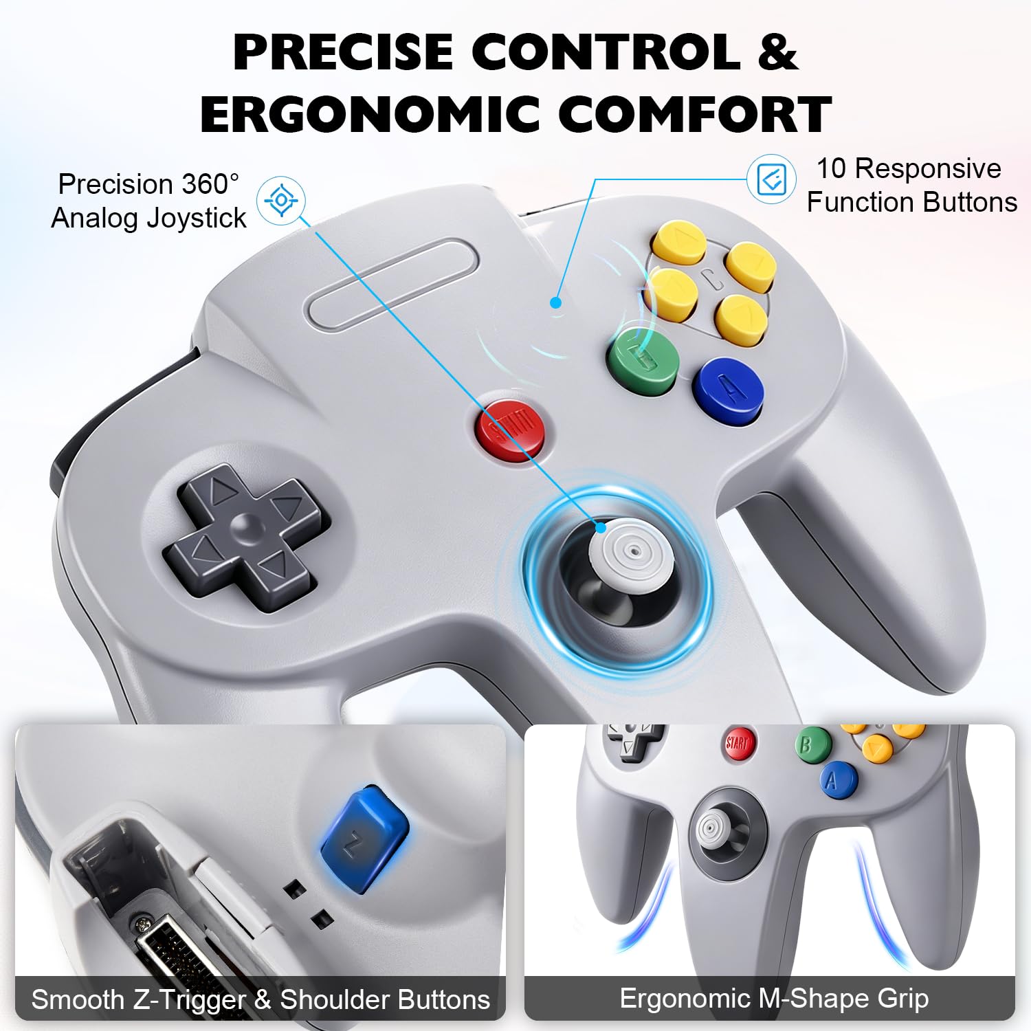 CONTROL CLÁSICO CON CABLE MIADORE N64 2 UNIDADES GRIS - 2