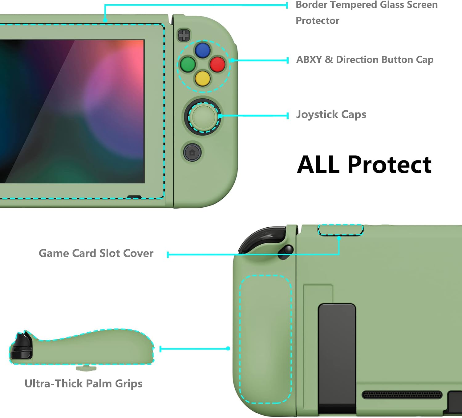 FUNDA PROTECTORA FLEXIBLE PLAYVITAL ZEALPROTECT PARA NINTENDO SWITCH VERDE MATCHA CON PROTECTOR DE PANTALLA Y TAPAS PARA BOTONES - 5