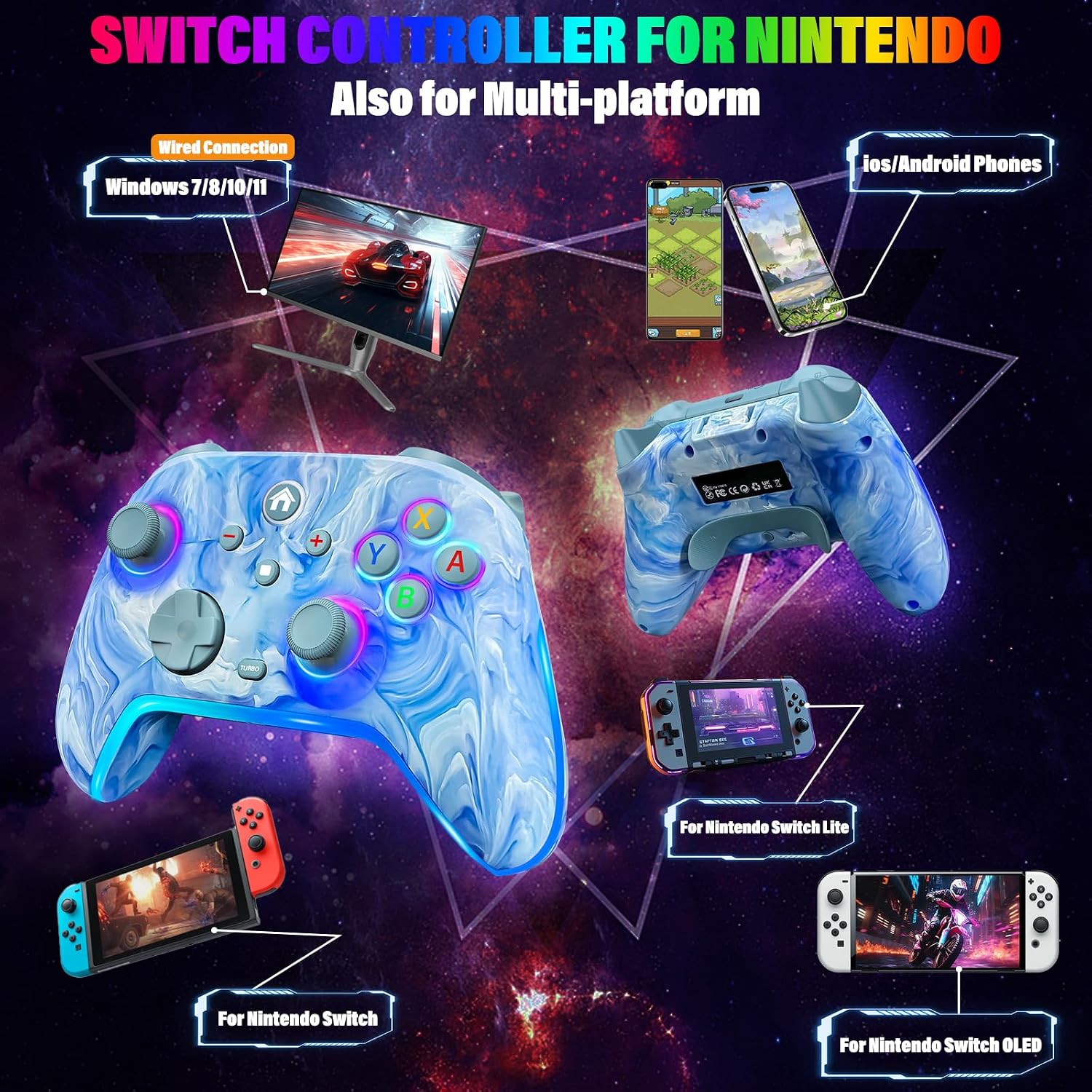 MANDO INALÁMBRICO RJAD PARA NINTENDO SWITCH/LITE/OLED, 1200MAH, 10 COLORES LED, TURBO, GIROSCOPIO, VIBRACIÓN - 2