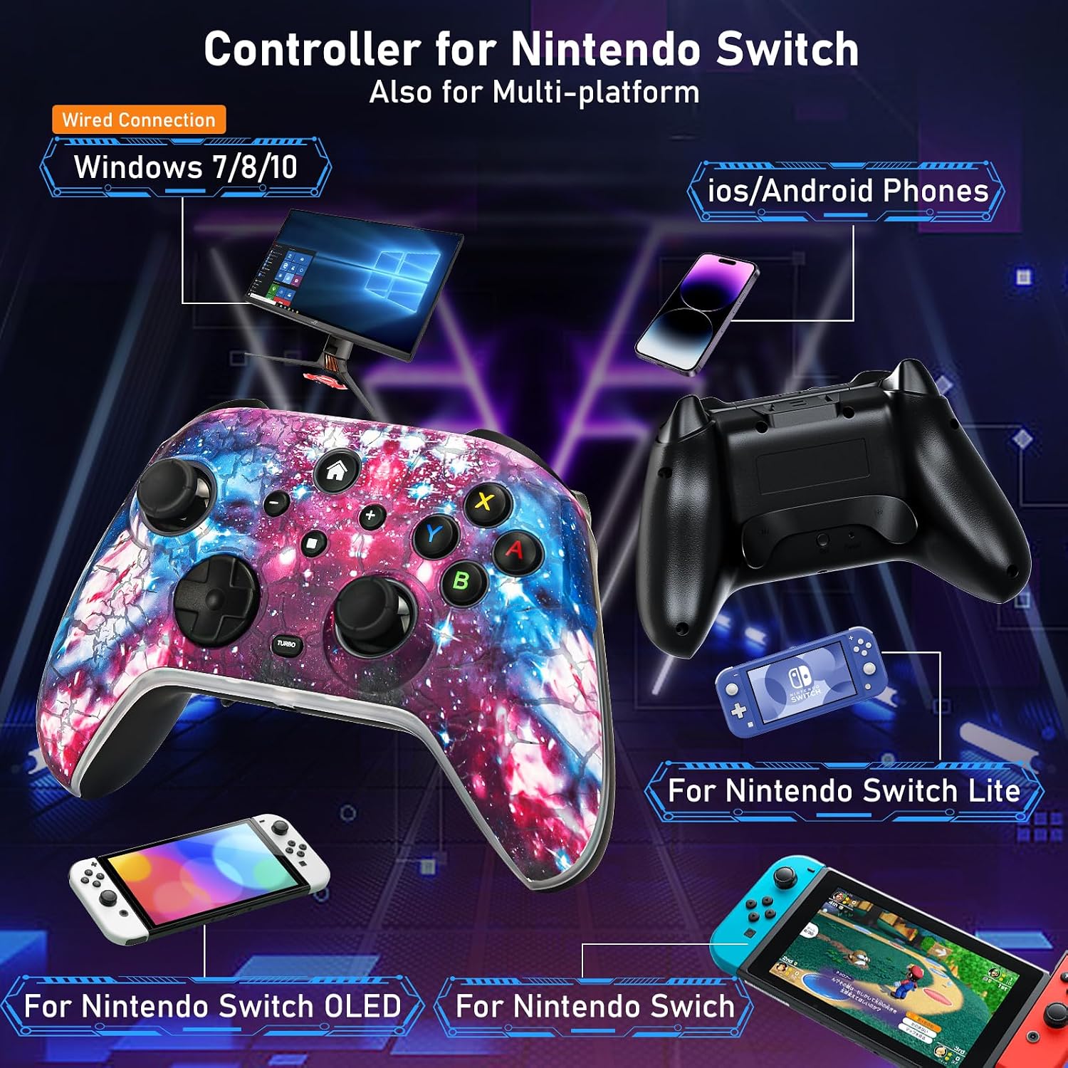MANDO INALÁMBRICO RJAD PARA NINTENDO SWITCH/LITE/OLED 1200MAH CON DISEÑO NEBULA Y LUCES LED - 2