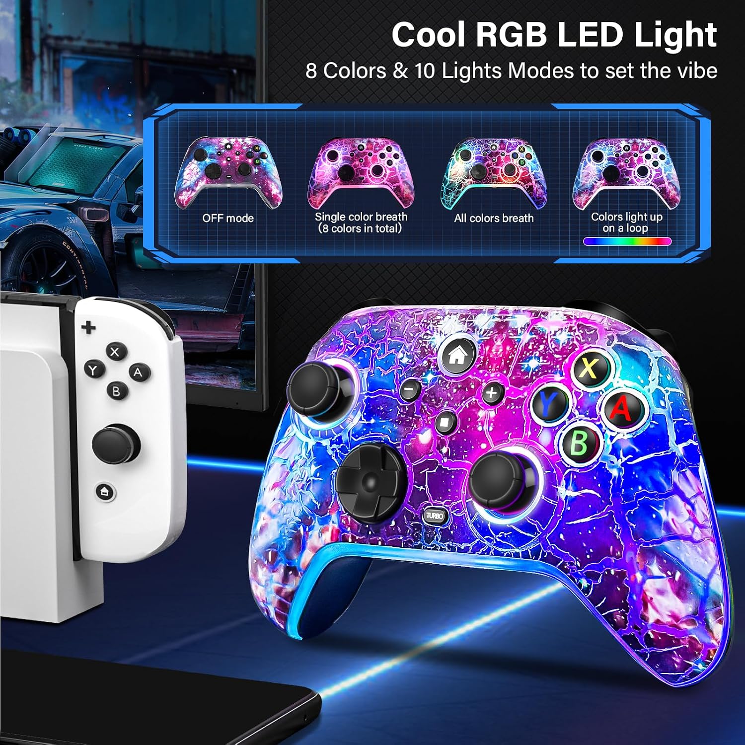 MANDO INALÁMBRICO RJAD PARA NINTENDO SWITCH/LITE/OLED 1200MAH CON DISEÑO NEBULA Y LUCES LED - 3