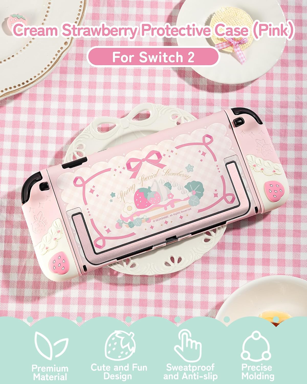 FUNDA GEEKSHARE STRAWBERRIES WITH CREAM PARA SWITCH 2 SILICONA SUAVE ROSA - 2