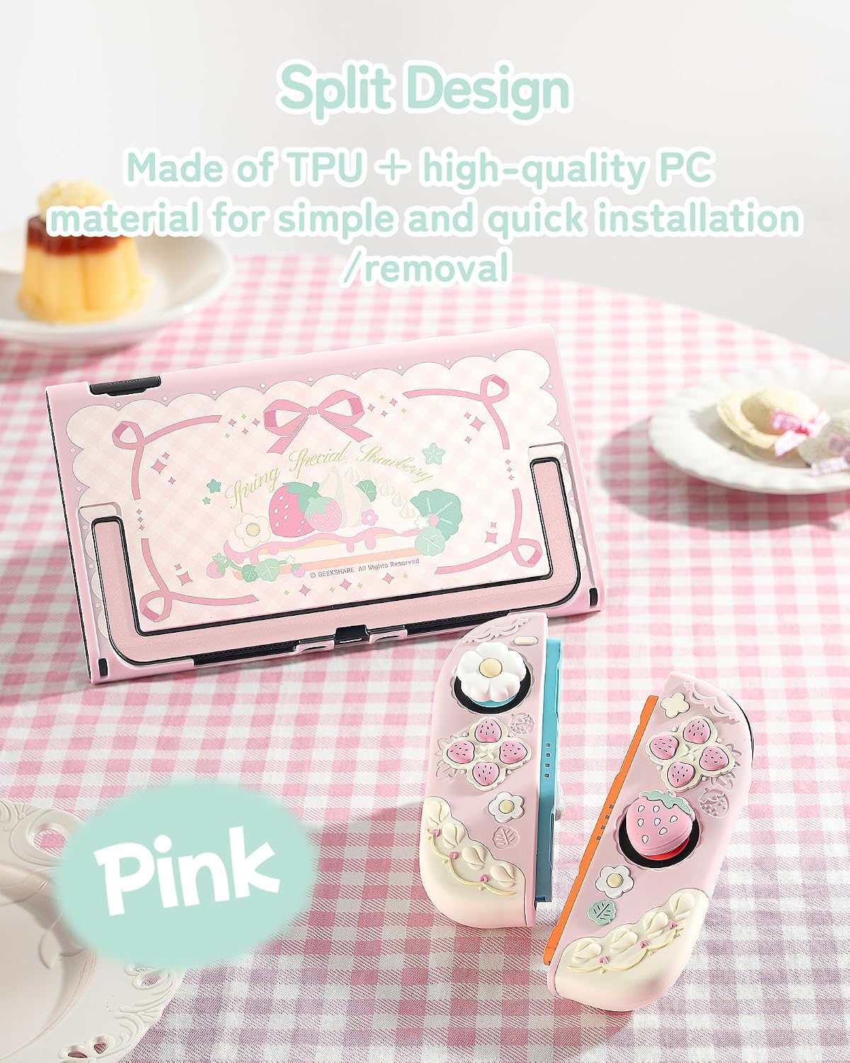 FUNDA GEEKSHARE STRAWBERRIES WITH CREAM PARA SWITCH 2 SILICONA SUAVE ROSA - 5