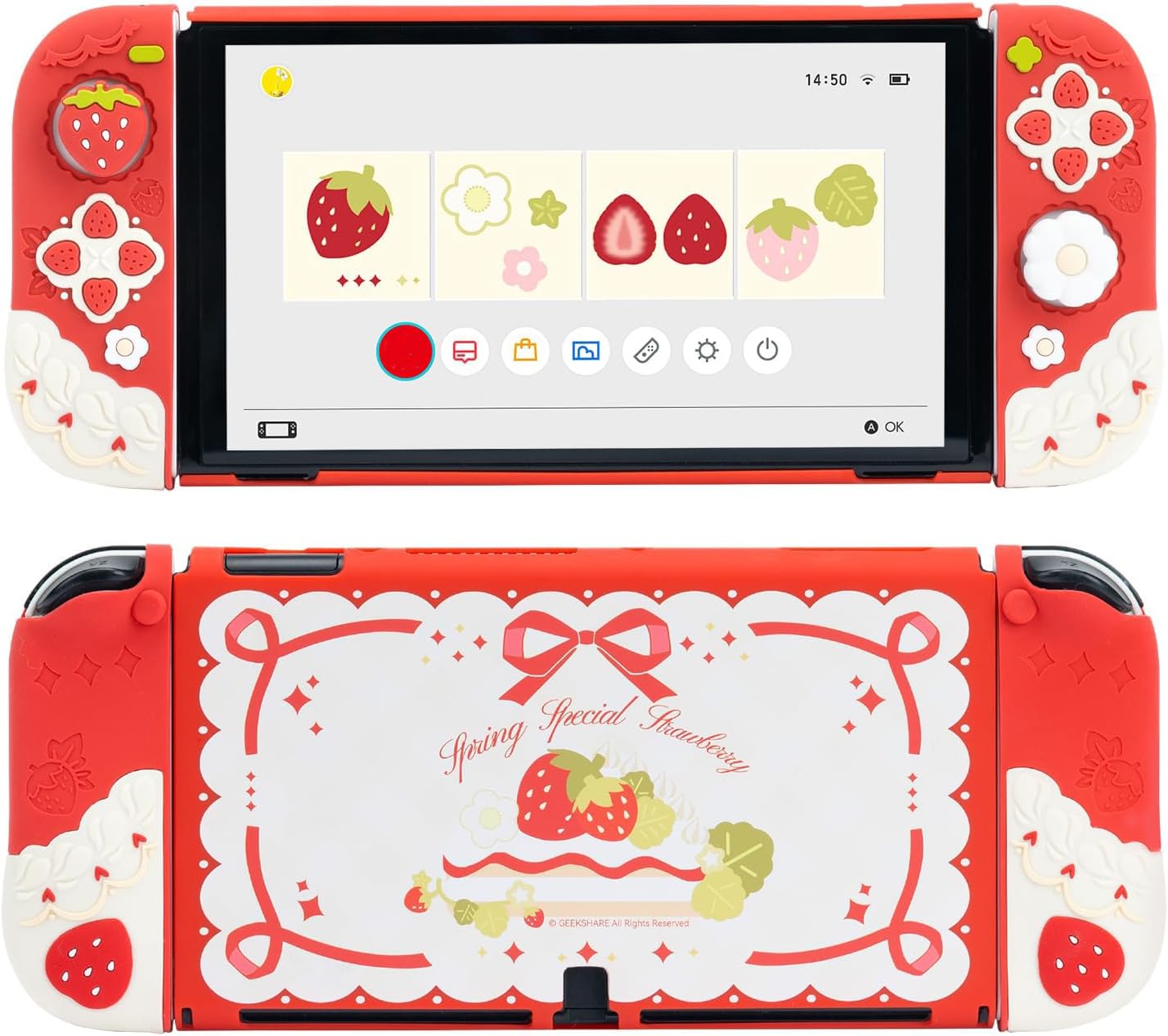 FUNDA PROTECTORA GEEKSHARE PARA SWITCH OLED CON CUBIERTA DE SILICONA Y 2 TAPAS PARA JOYSTICK COLOR FRESAS CON CREMA - 1