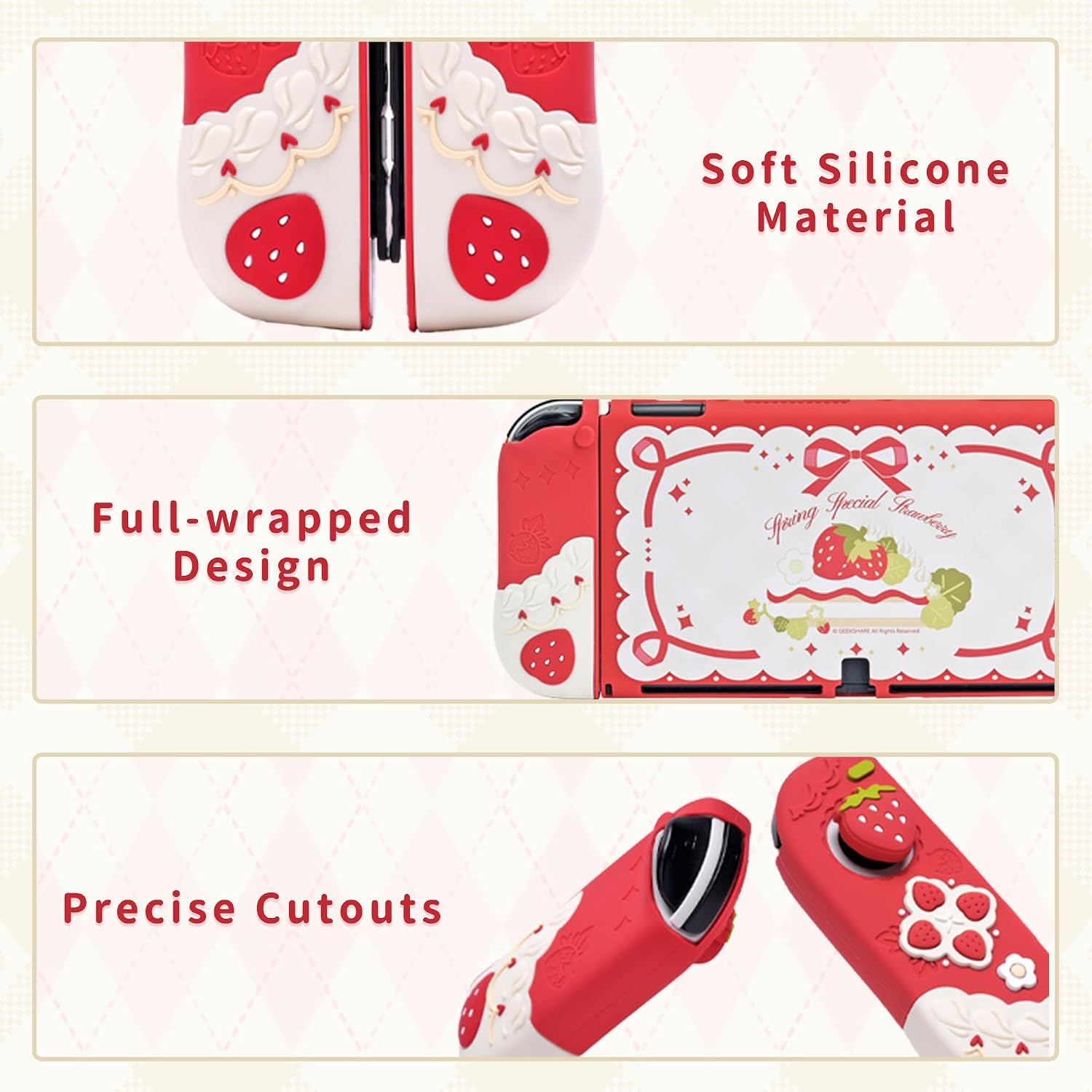 FUNDA PROTECTORA GEEKSHARE PARA SWITCH OLED CON CUBIERTA DE SILICONA Y 2 TAPAS PARA JOYSTICK COLOR FRESAS CON CREMA - 3