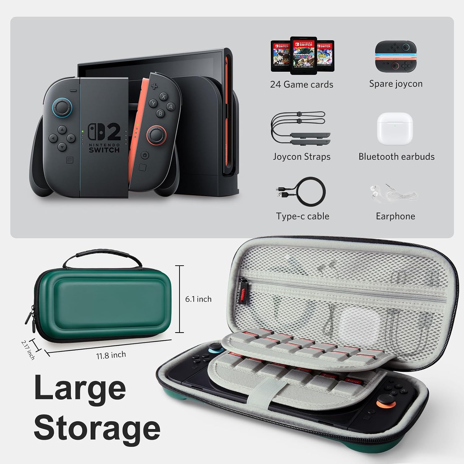 ESTUCHE PARA NINTENDO SWITCH 2 COBAK GRAN CAPACIDAD VERDE OSCURO - 3