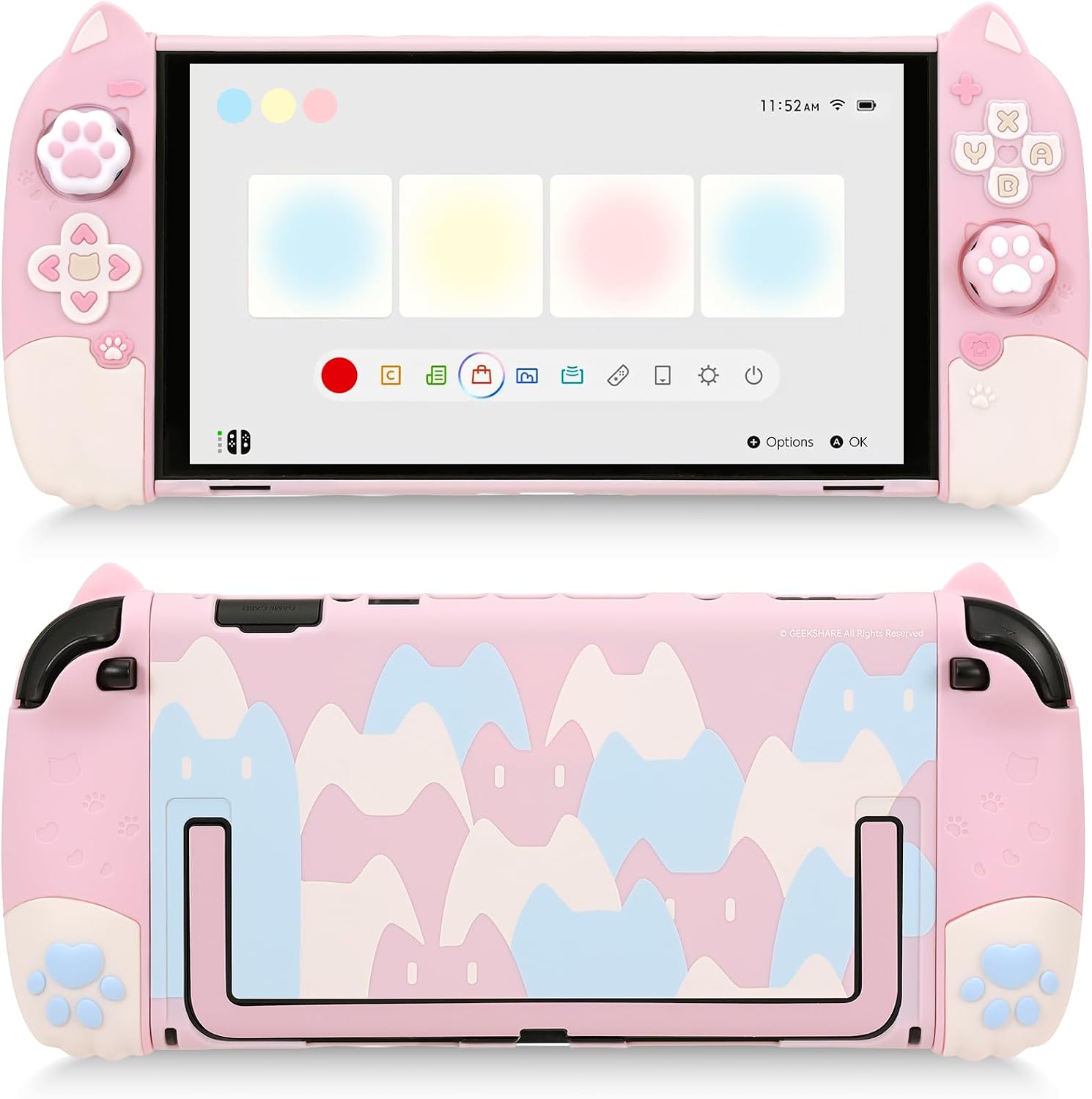 SET DE FUNDA PROTECTORA GEEKSHARE PARA SWITCH 2 CON CUBIERTAS DE JOYSTICK DE SILICONA Y 2 GRIPS PARA PULGAR COLOR GATO ROSA - 1