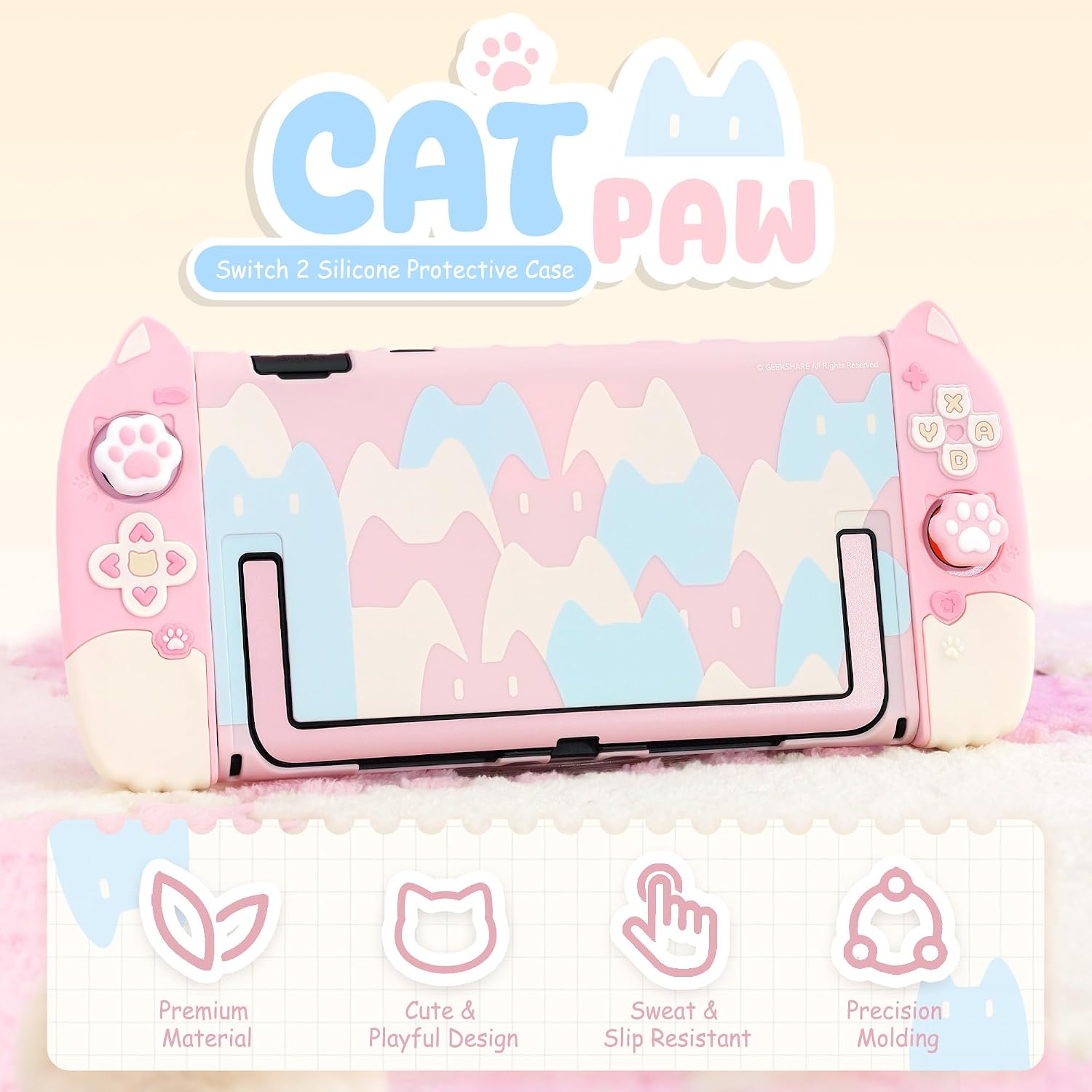 SET DE FUNDA PROTECTORA GEEKSHARE PARA SWITCH 2 CON CUBIERTAS DE JOYSTICK DE SILICONA Y 2 GRIPS PARA PULGAR COLOR GATO ROSA - 2