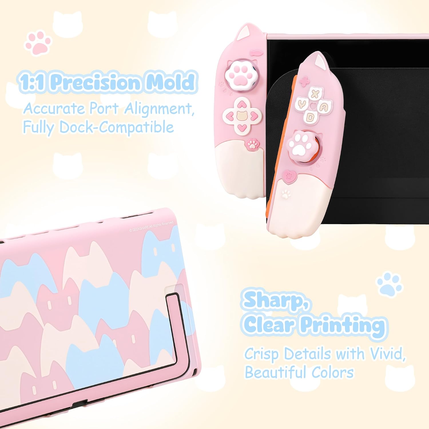 SET DE FUNDA PROTECTORA GEEKSHARE PARA SWITCH 2 CON CUBIERTAS DE JOYSTICK DE SILICONA Y 2 GRIPS PARA PULGAR COLOR GATO ROSA - 3