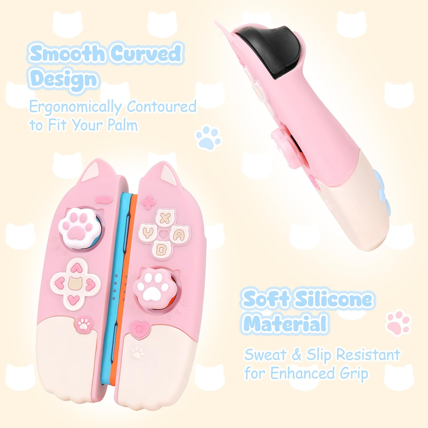 SET DE FUNDA PROTECTORA GEEKSHARE PARA SWITCH 2 CON CUBIERTAS DE JOYSTICK DE SILICONA Y 2 GRIPS PARA PULGAR COLOR GATO ROSA - 4