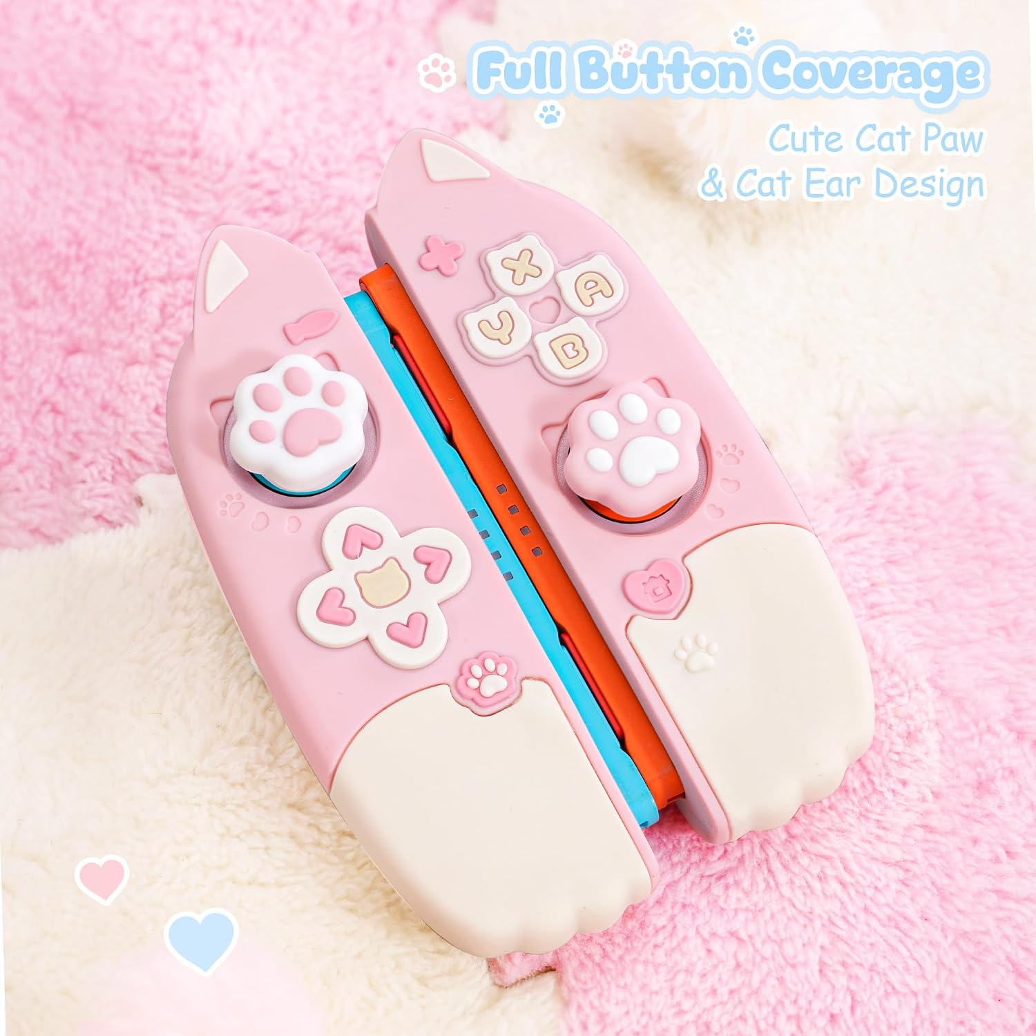 SET DE FUNDA PROTECTORA GEEKSHARE PARA SWITCH 2 CON CUBIERTAS DE JOYSTICK DE SILICONA Y 2 GRIPS PARA PULGAR COLOR GATO ROSA - 5