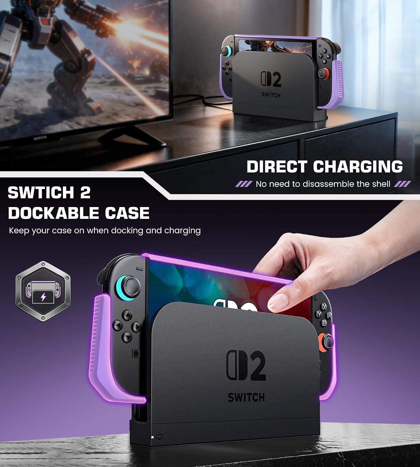 FUNDA PROTECTORA PARA SWITCH 2 NINABXY MORADA CON LIBERACIÓN RÁPIDA DE JOY-CON Y SOPORTE - 2