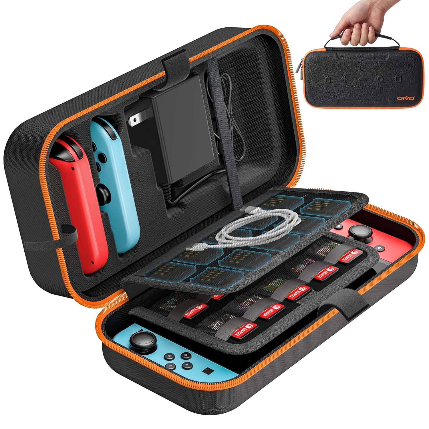 ESTUCHE PARA NINTENDO SWITCH OIVO OLED RÍGIDO NARANJA CON CAPACIDAD PARA 20 JUEGOS - 1