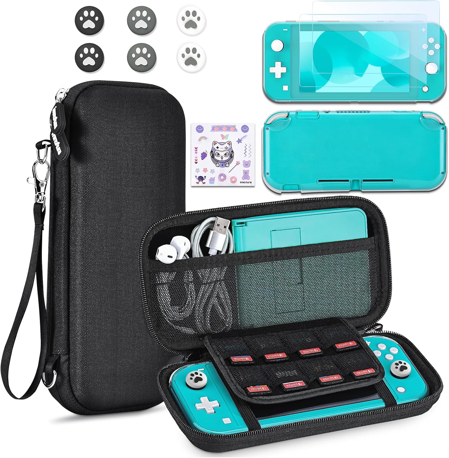 FUNDA PARA SWITCH LITE INNOAURA 12 EN 1 CON ACCESORIOS Y ESTUCHE PROTECTOR NEGRO - 1