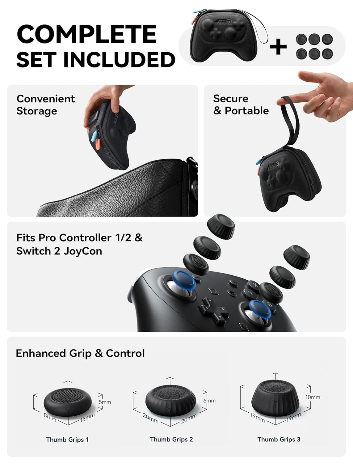 ESTUCHE PARA CONTROL NINTENDO SWITCH PRO JSAUX CON 6 GRIPS PARA JOYSTICK - 2
