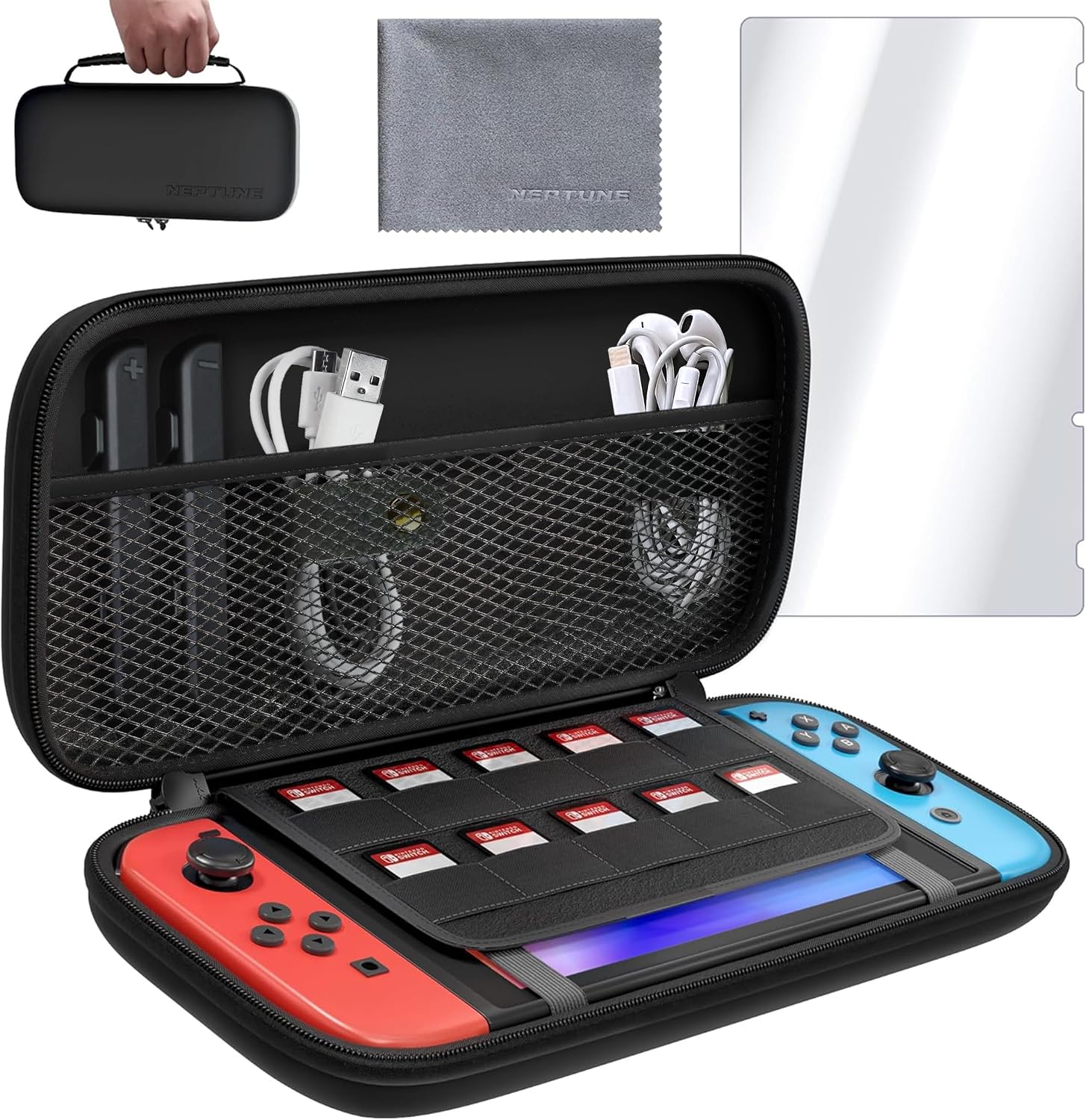 ESTUCHE PROTECTOR NEPTUNE PARA NINTENDO SWITCH Y SWITCH OLED CON SOPORTE PARA JUEGOS Y PROTECTOR DE PANTALLA - 1