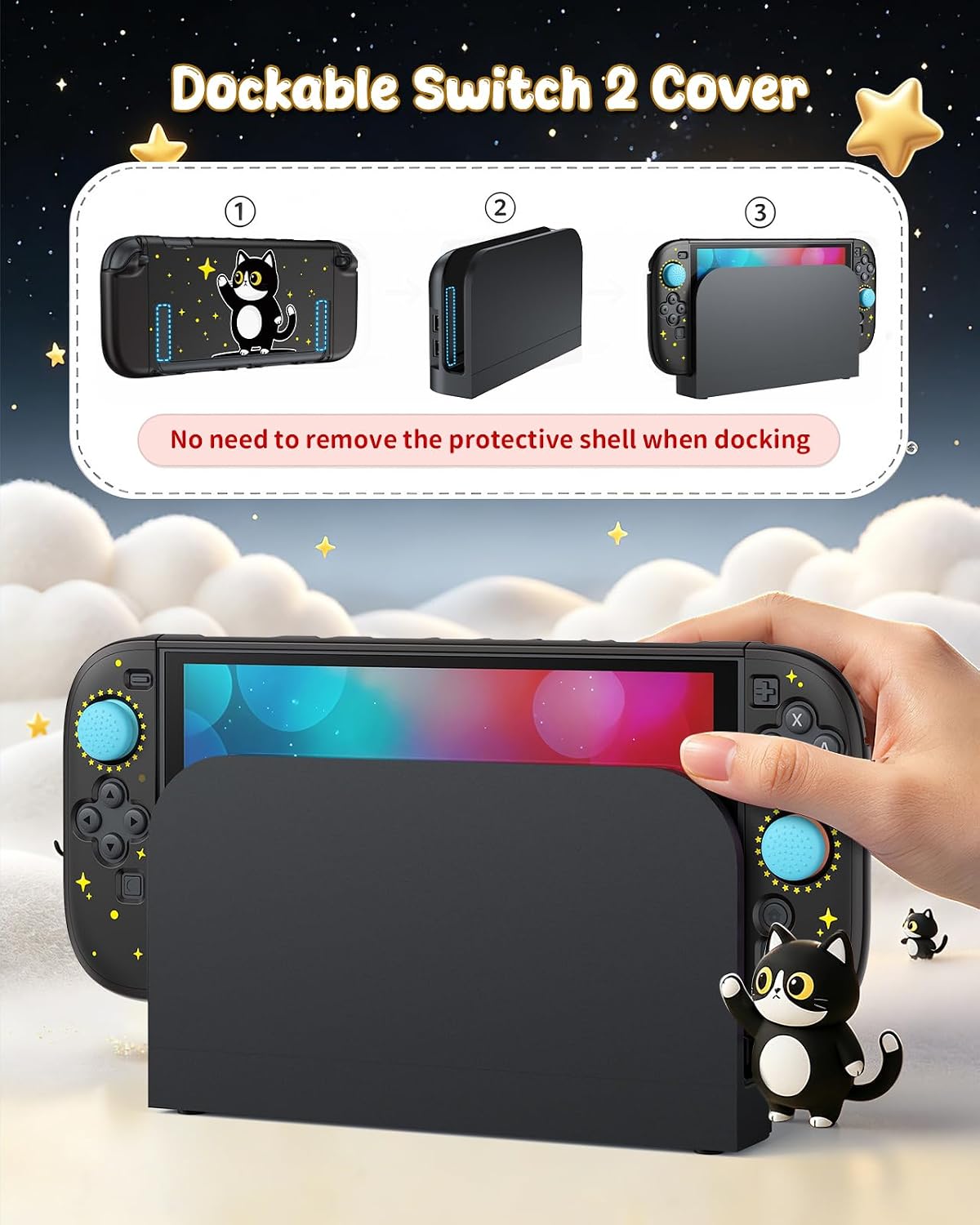 FUNDA RÍGIDA FYOUNG PARA NINTENDO SWITCH 2 DISEÑO GATO NEGRO - 2