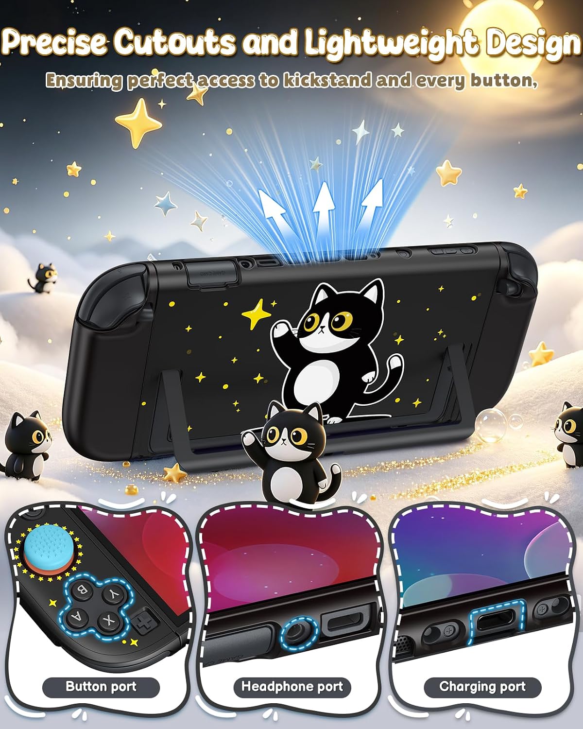 FUNDA RÍGIDA FYOUNG PARA NINTENDO SWITCH 2 DISEÑO GATO NEGRO - 3