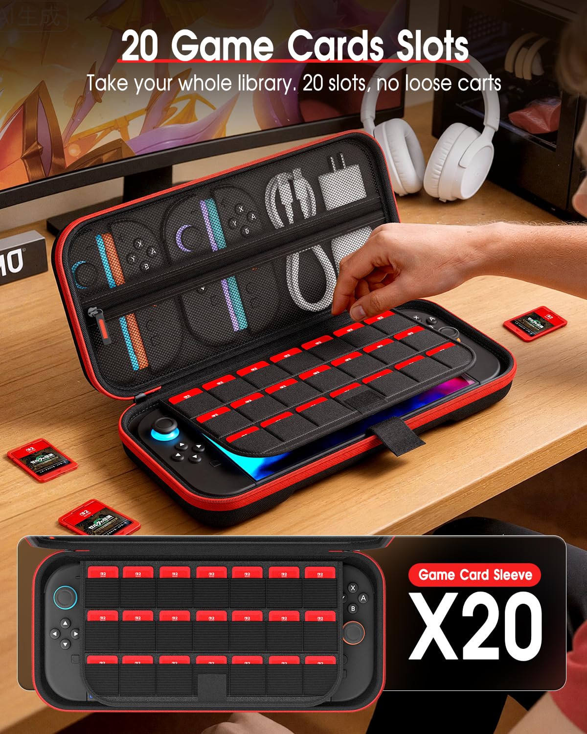FUNDA PARA NINTENDO SWITCH 2 COOLSTONE CON 20 RANURAS PARA JUEGOS Y CORREA AJUSTABLE - 3