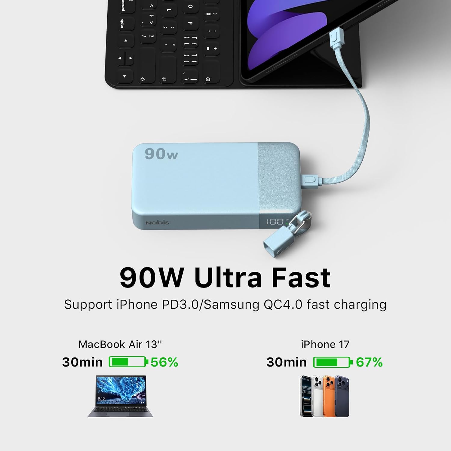 BATERÍA EXTERNA NOBIS 20000MAH 90W CON CABLE USB-C DESMONTABLE AZUL - 3