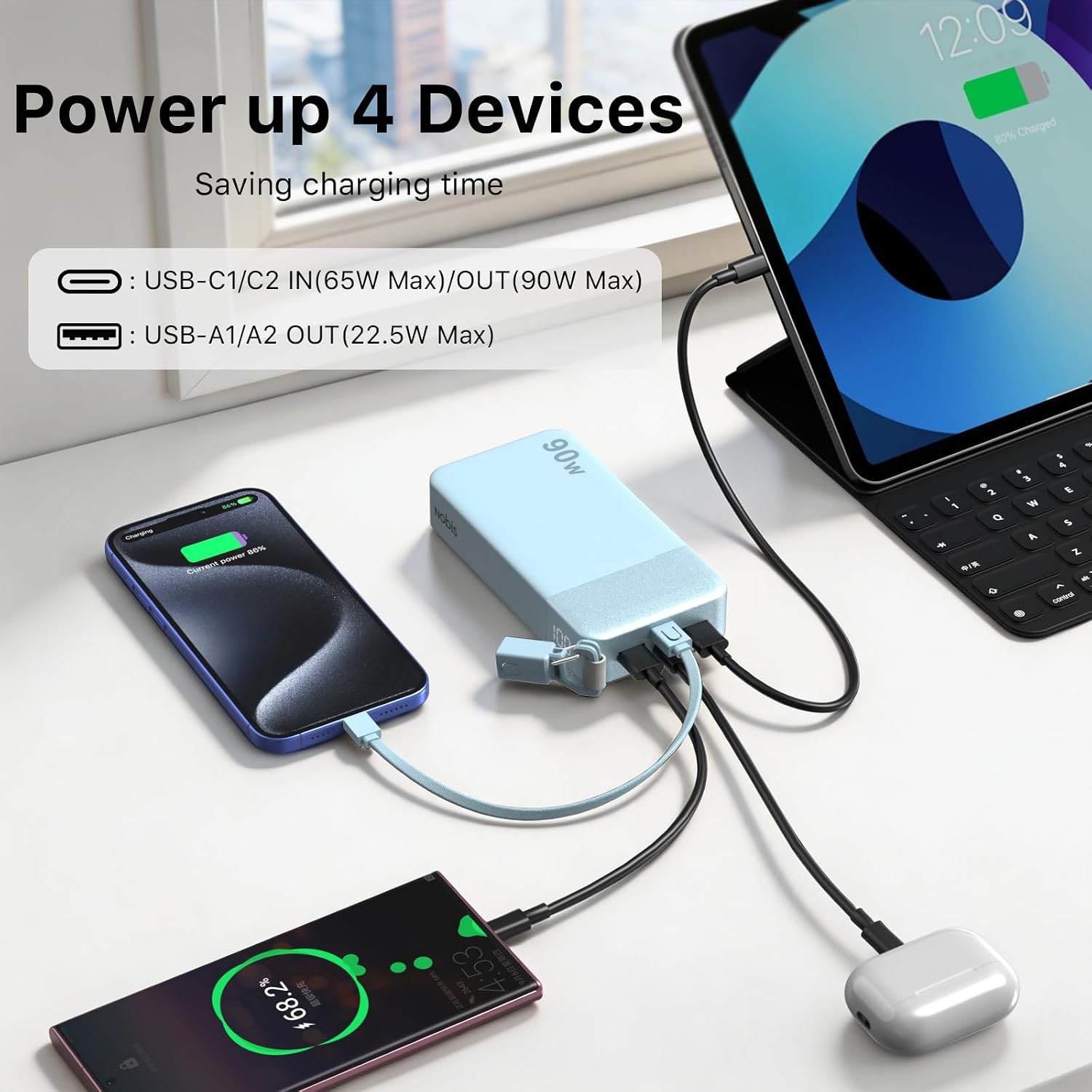 BATERÍA EXTERNA NOBIS 20000MAH 90W CON CABLE USB-C DESMONTABLE AZUL - 5