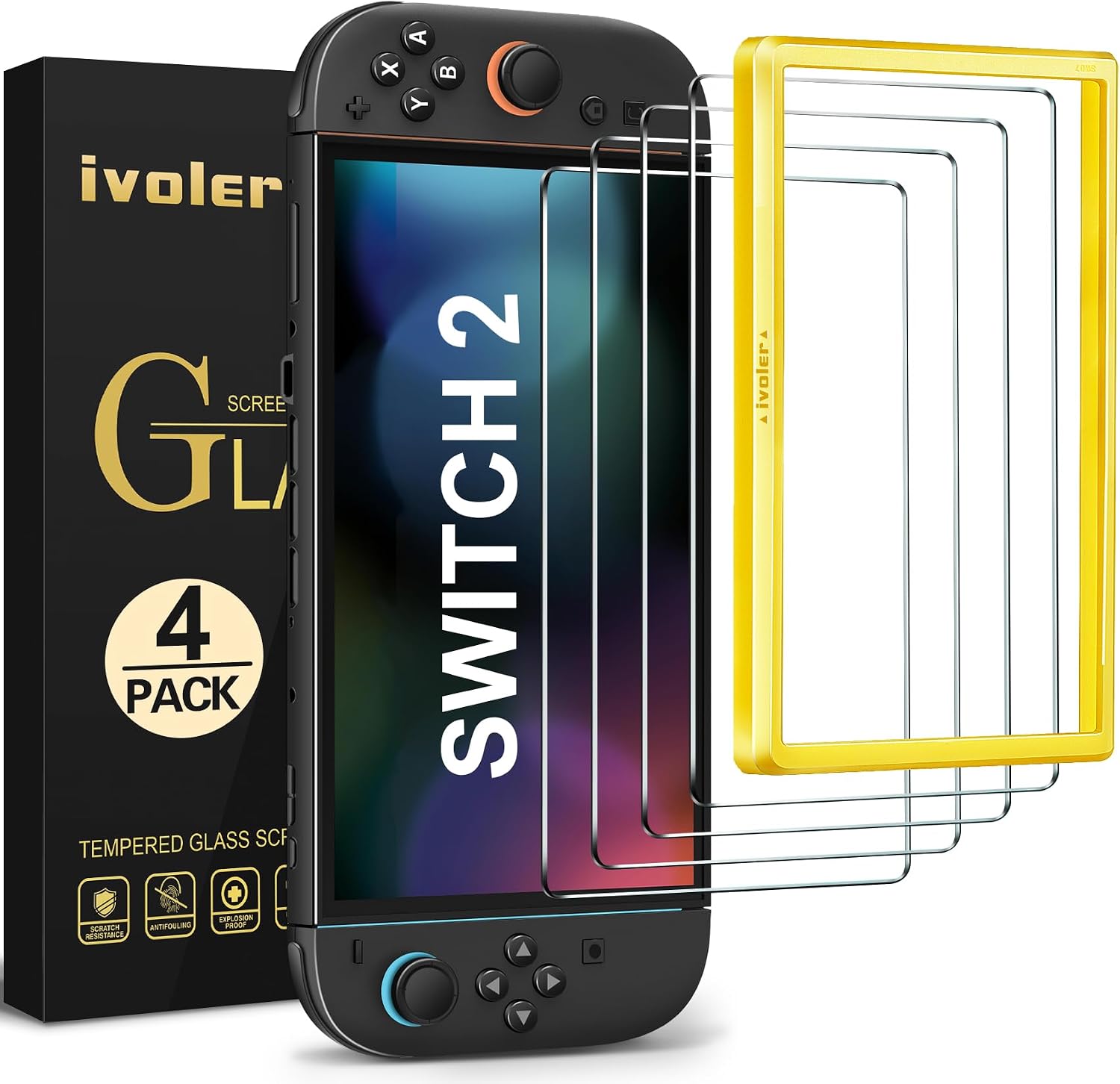 PROTECTOR DE PANTALLA DE VIDRIO TEMPLADO IVOLER PARA NINTENDO SWITCH 2 7.9'' 2025 4 UNIDADES CON MARCO DE ALINEACIÓN - 1