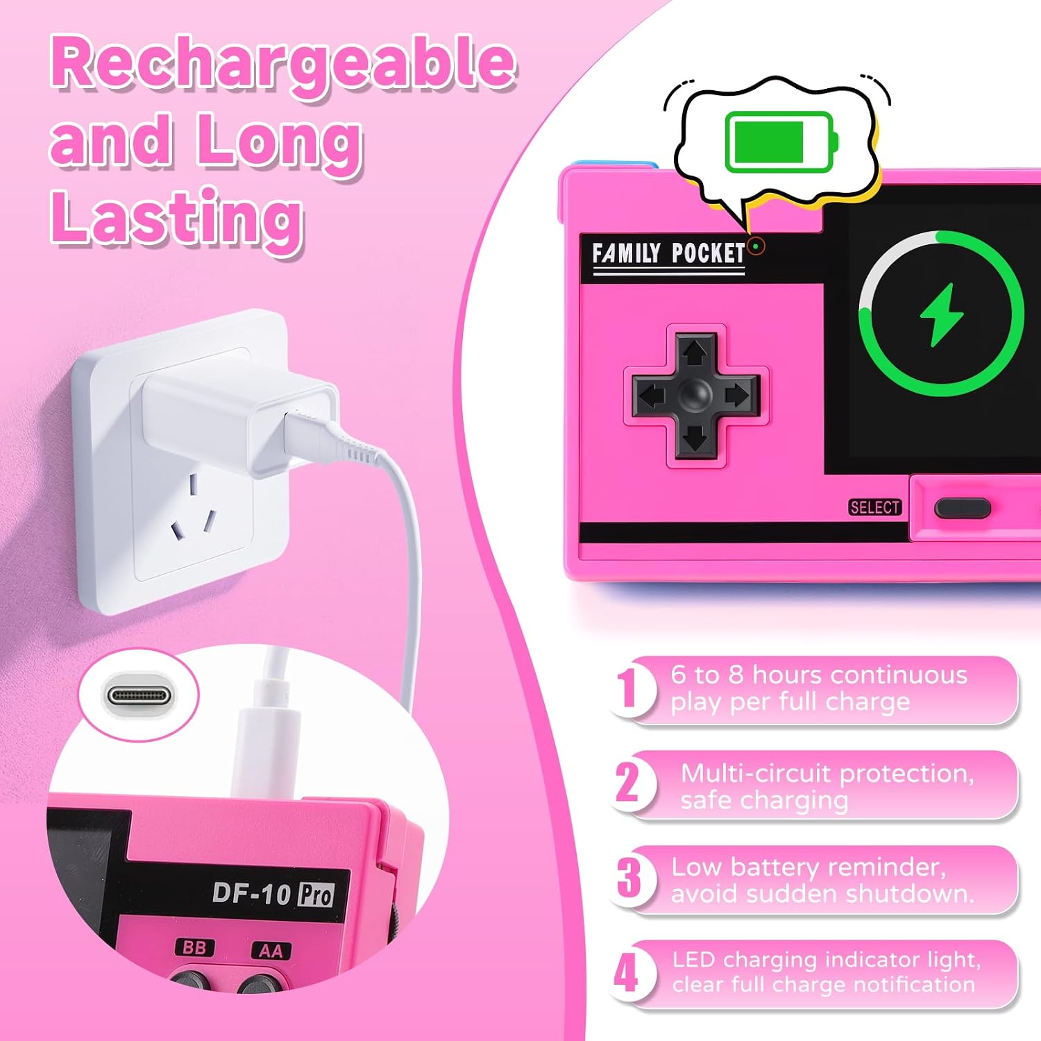 CONSOLA PORTÁTIL PARA NIÑOS LUHYAUAN 10 JUEGOS CLÁSICOS PANTALLA 3.0'' ROSA - 3