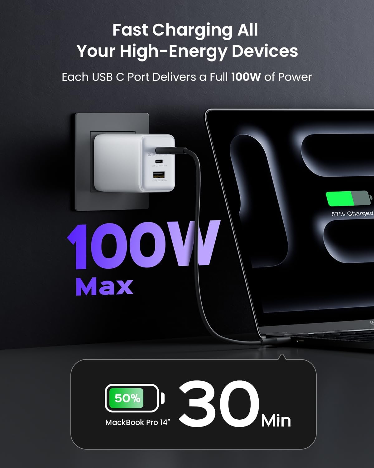 CARGADOR DE PARED USB C WEGEAR 100W 3 PUERTOS - 2