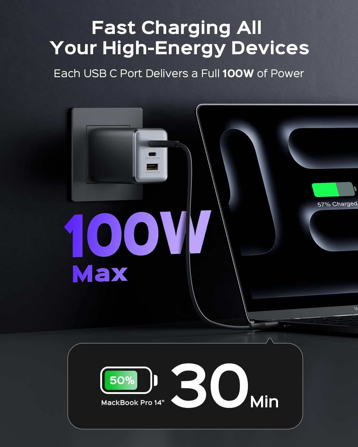 CARGADOR DE PARED USB C WEGEAR 100W 3 PUERTOS NEGRO - 2