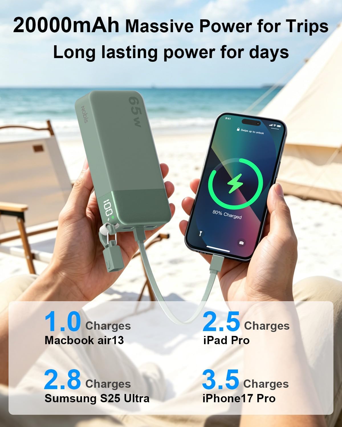 BATERÍA EXTERNA NOBIS 20000MAH 65W CON CABLE C DESMONTABLE VERDE - 3