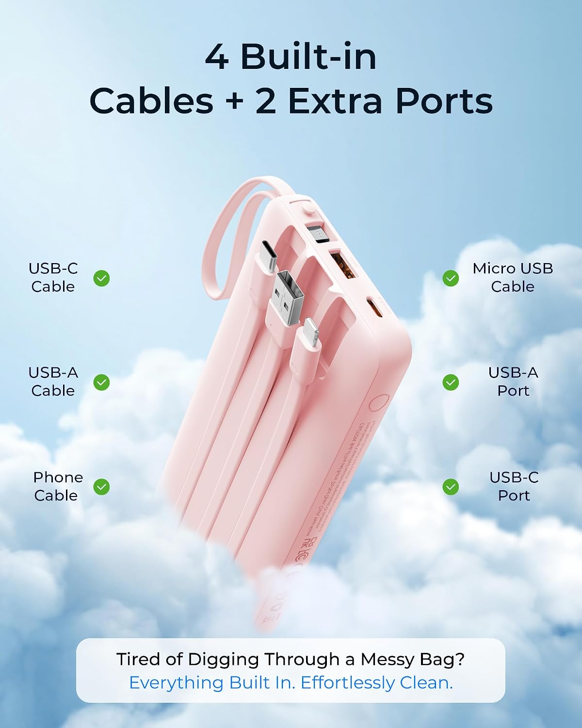 BATERÍA EXTERNA VRURC 20000MAH CON 4 CABLES INTEGRADOS Y CARGA RÁPIDA - 4