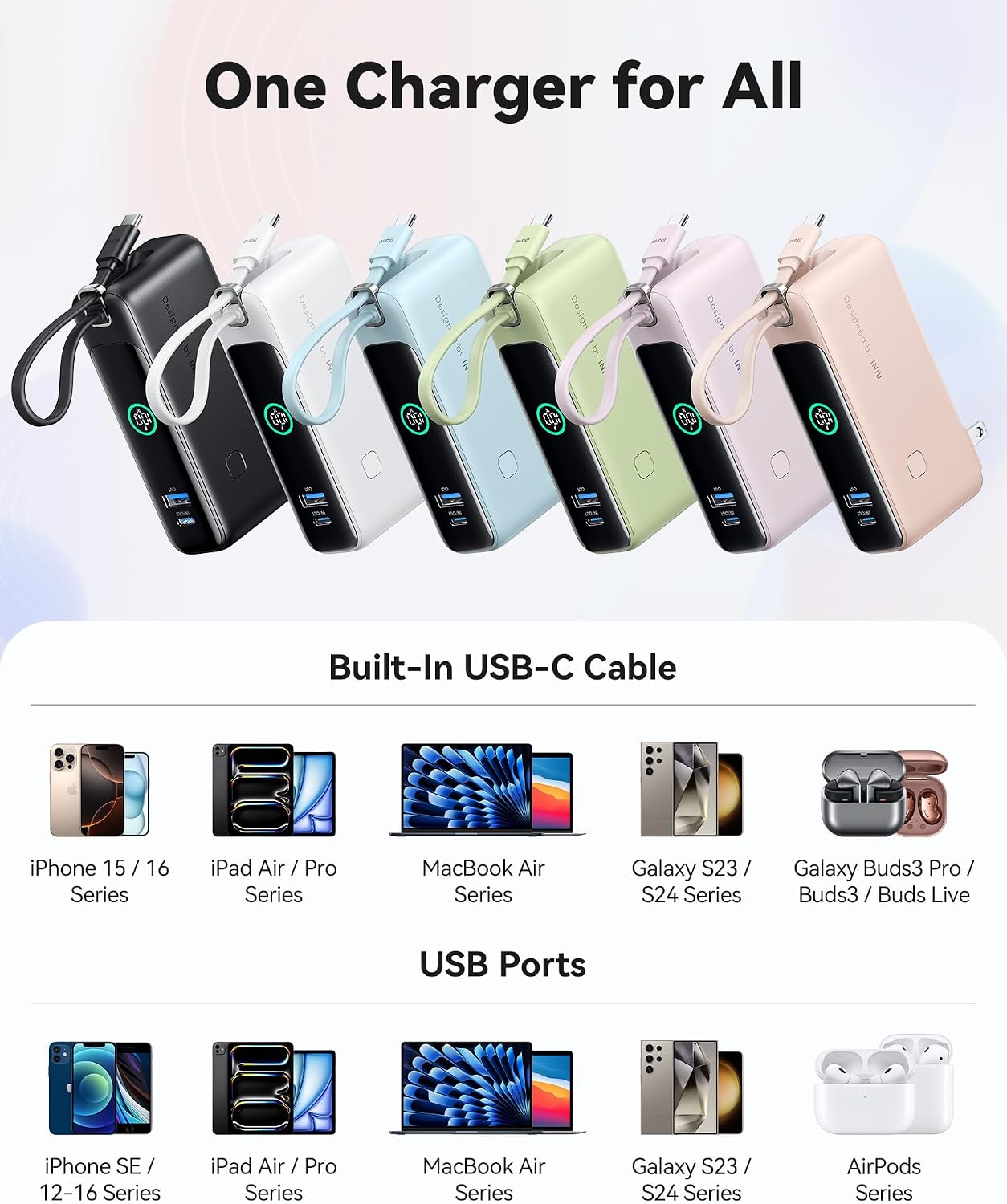 BATERÍA EXTERNA INIU 3 EN 1 10000MAH 30W CON CABLE USB-C INTEGRADO Y ENCHUFE PLEGABLE MORADO - 3