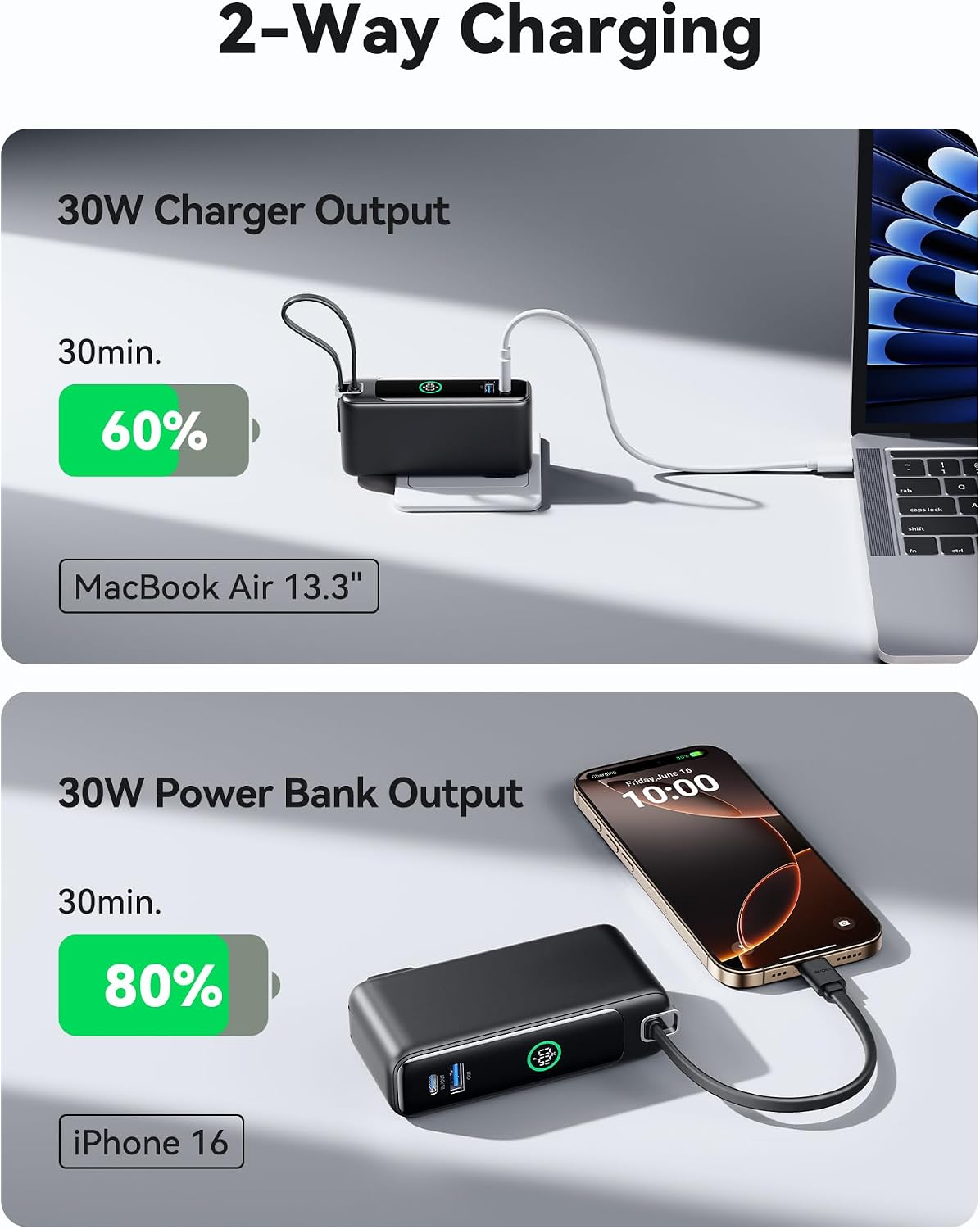 BATERÍA EXTERNA INIU 3 EN 1 10000MAH 30W CON CABLE USB-C INTEGRADO Y ENCHUFE PLEGABLE MORADO - 4