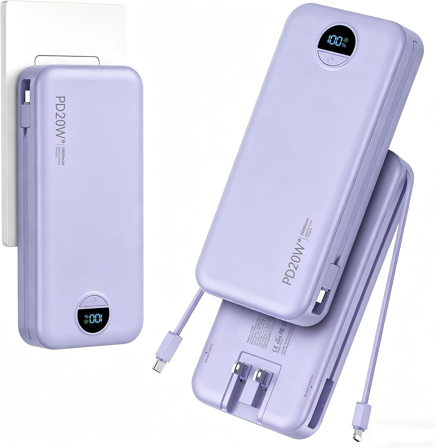 BATERÍA EXTERNA AONIDI 20000MAH CON CABLES INTEGRADOS Y ENCHUFE DE PARED COLOR MORADO - 1