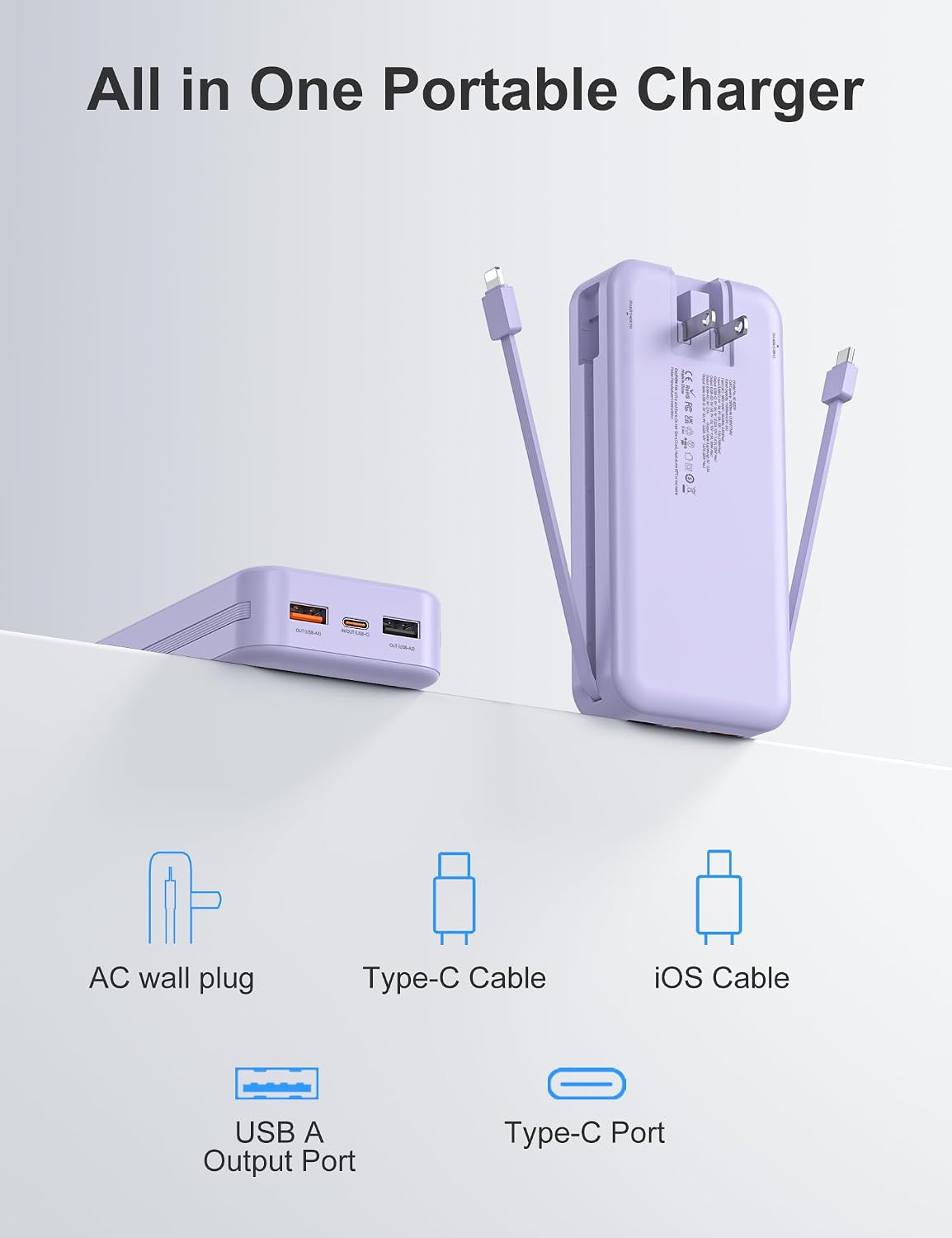 BATERÍA EXTERNA AONIDI 20000MAH CON CABLES INTEGRADOS Y ENCHUFE DE PARED COLOR MORADO - 2