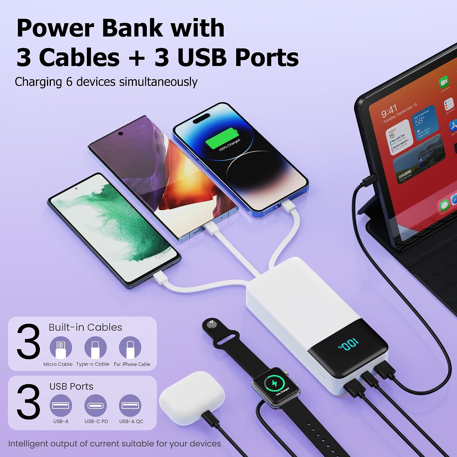 BATERÍA EXTERNA PXWAXPY 50800MAH 25W CON 3 CABLES INTEGRADOS Y PANTALLA LED BLANCA - 4