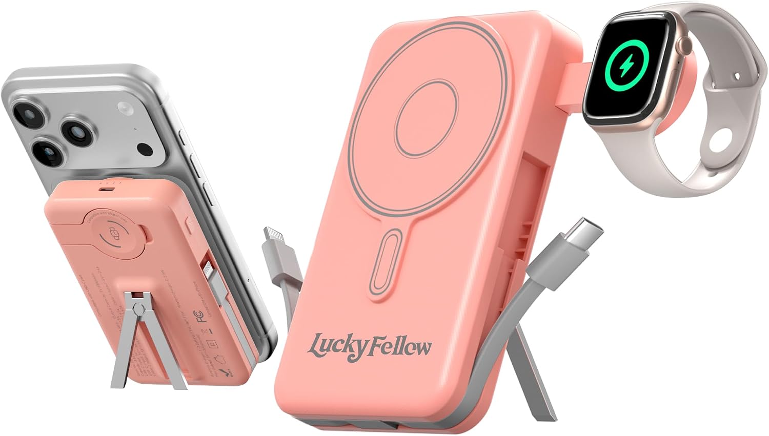 BATERÍA EXTERNA LUCKYFELLOW 10000MAH CON CARGADOR INALÁMBRICO Y CABLES INTEGRADOS COLOR ROSA - 1