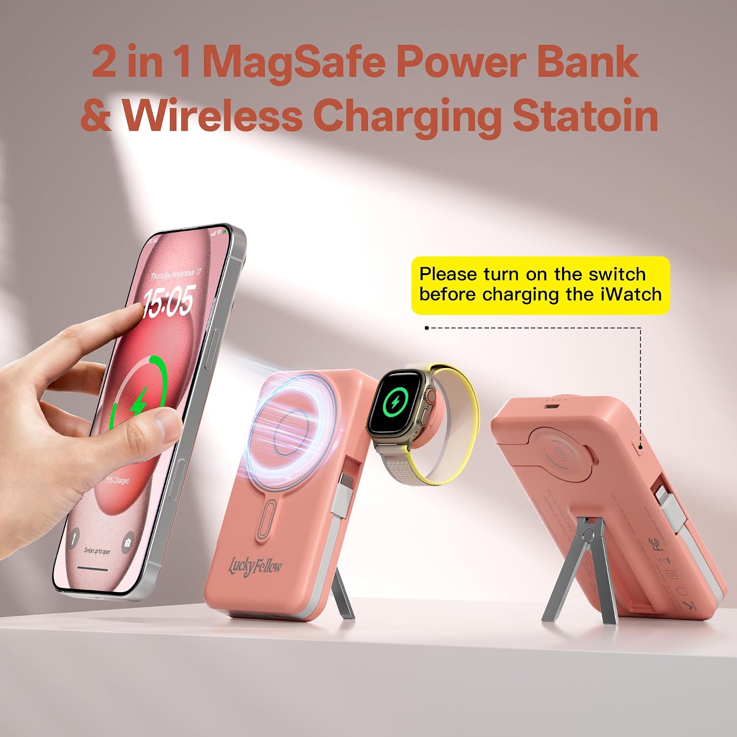 BATERÍA EXTERNA LUCKYFELLOW 10000MAH CON CARGADOR INALÁMBRICO Y CABLES INTEGRADOS COLOR ROSA - 2