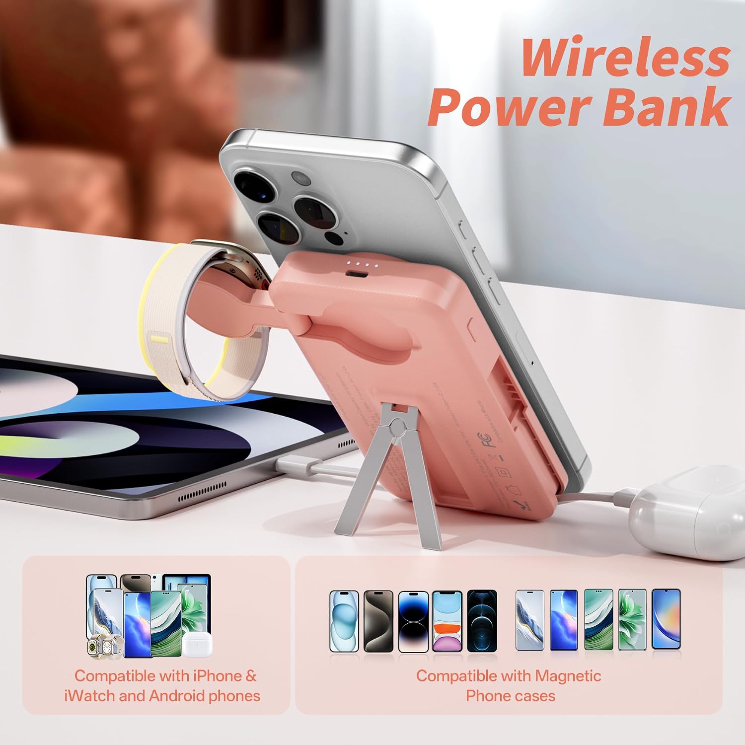 BATERÍA EXTERNA LUCKYFELLOW 10000MAH CON CARGADOR INALÁMBRICO Y CABLES INTEGRADOS COLOR ROSA - 4