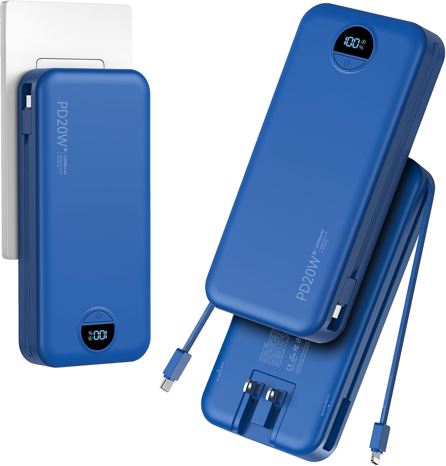 BATERÍA EXTERNA AONIDI 20000MAH CON CABLES INTEGRADOS Y ENCHUFE DE PARED AZUL MARINO - 1