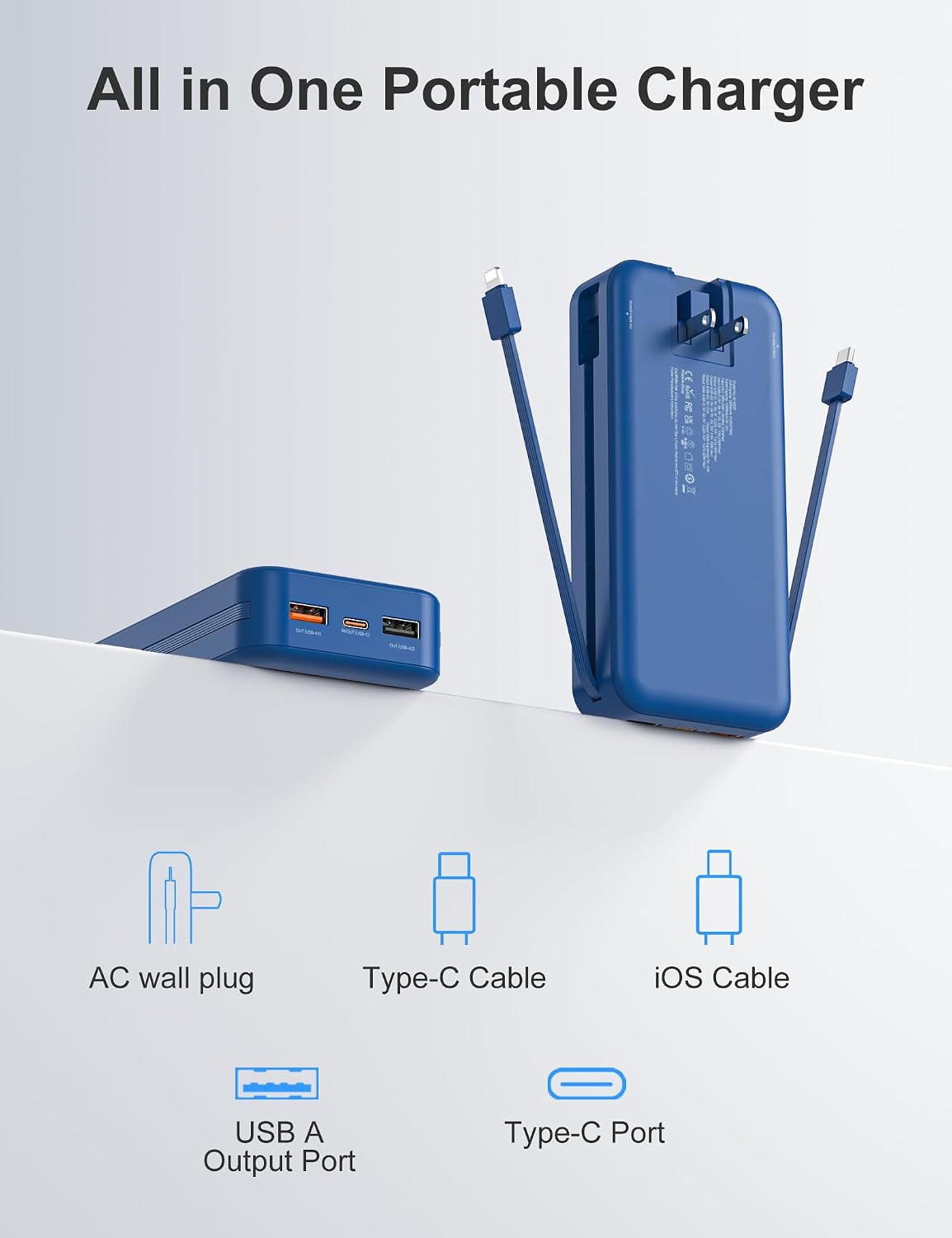 BATERÍA EXTERNA AONIDI 20000MAH CON CABLES INTEGRADOS Y ENCHUFE DE PARED AZUL MARINO - 2