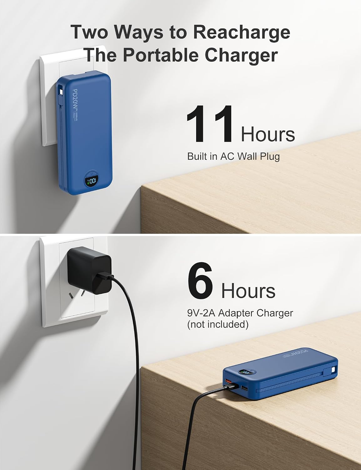 BATERÍA EXTERNA AONIDI 20000MAH CON CABLES INTEGRADOS Y ENCHUFE DE PARED AZUL MARINO - 5