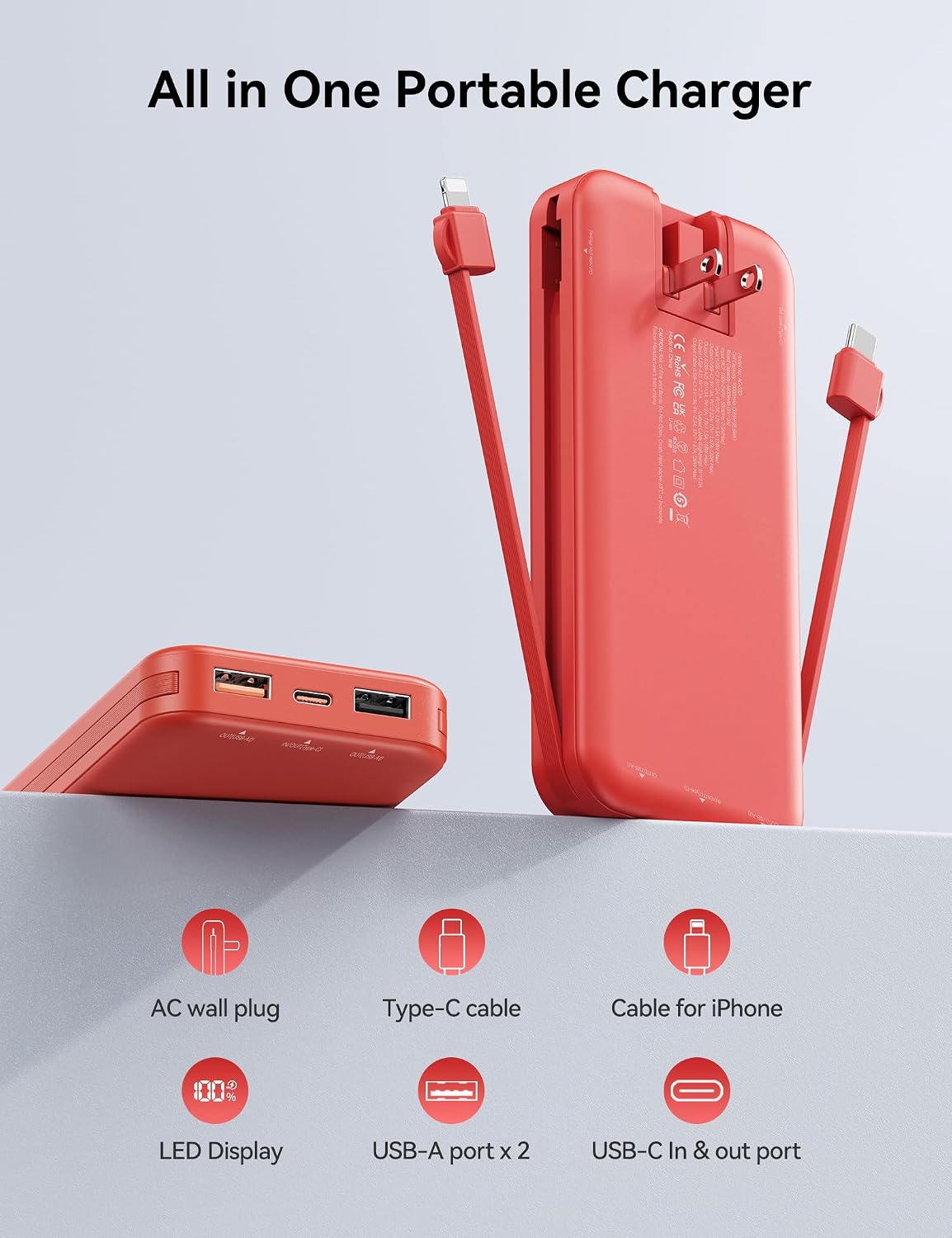 BATERÍA EXTERNA AONIDI 10000MAH CON CABLES INTEGRADOS Y ENCHUFE DE PARED - 2