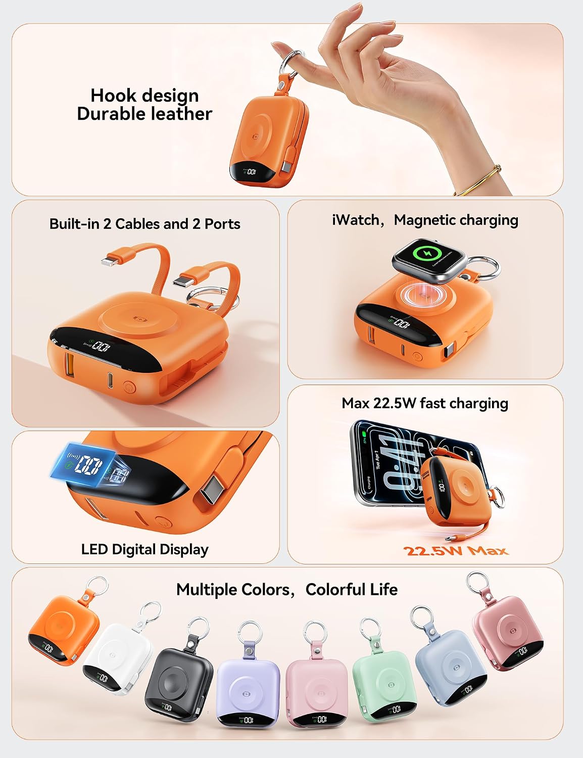 BATERÍA EXTERNA BLJIB 10000MAH 22.5W CON 2 CABLES INTEGRADOS Y LLAVERO COLOR NARANJA - 2