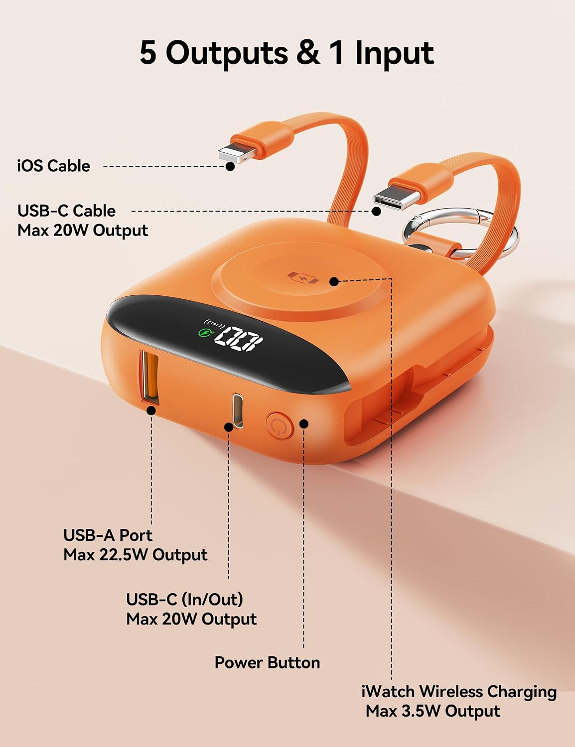 BATERÍA EXTERNA BLJIB 10000MAH 22.5W CON 2 CABLES INTEGRADOS Y LLAVERO COLOR NARANJA - 4