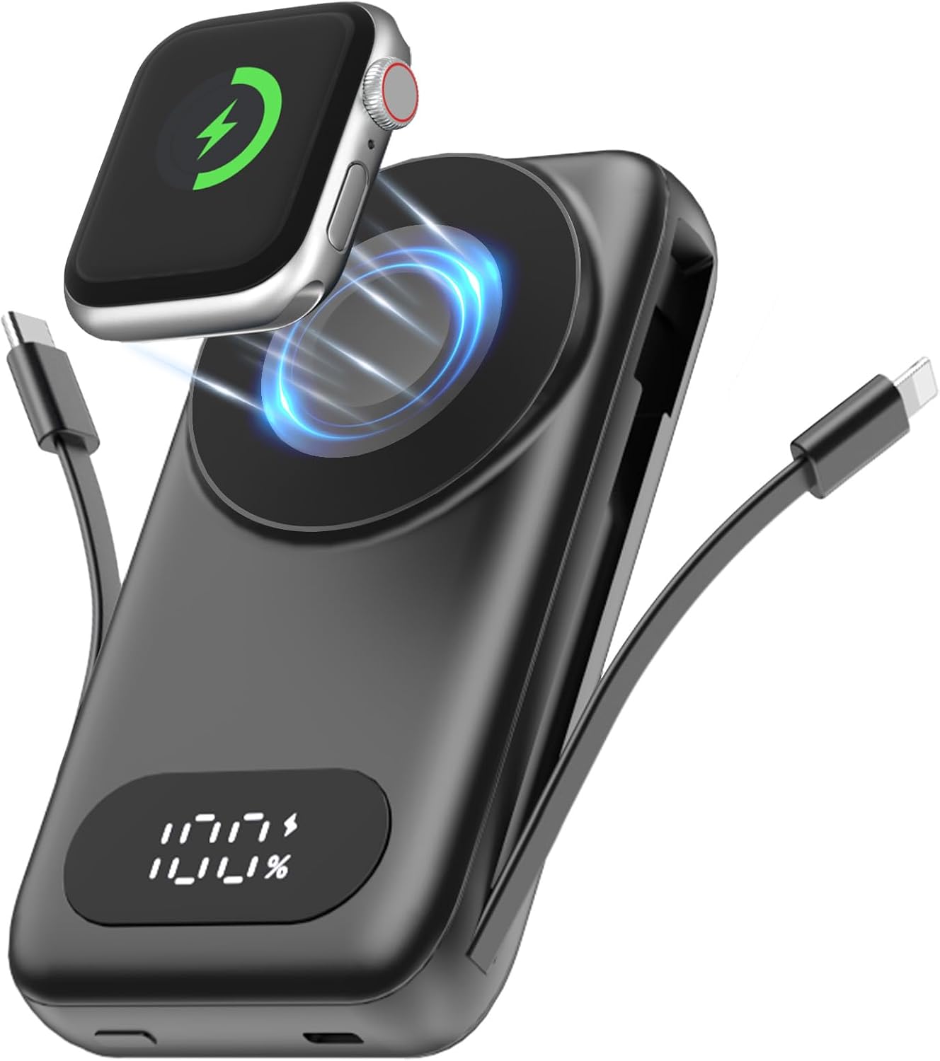 BATERÍA EXTERNA SHENMZ MAGNETIC 26800MAH CON CABLES INTEGRADOS Y CARGA INALÁMBRICA PARA IPHONE Y APPLE WATCH NEGRA - 1