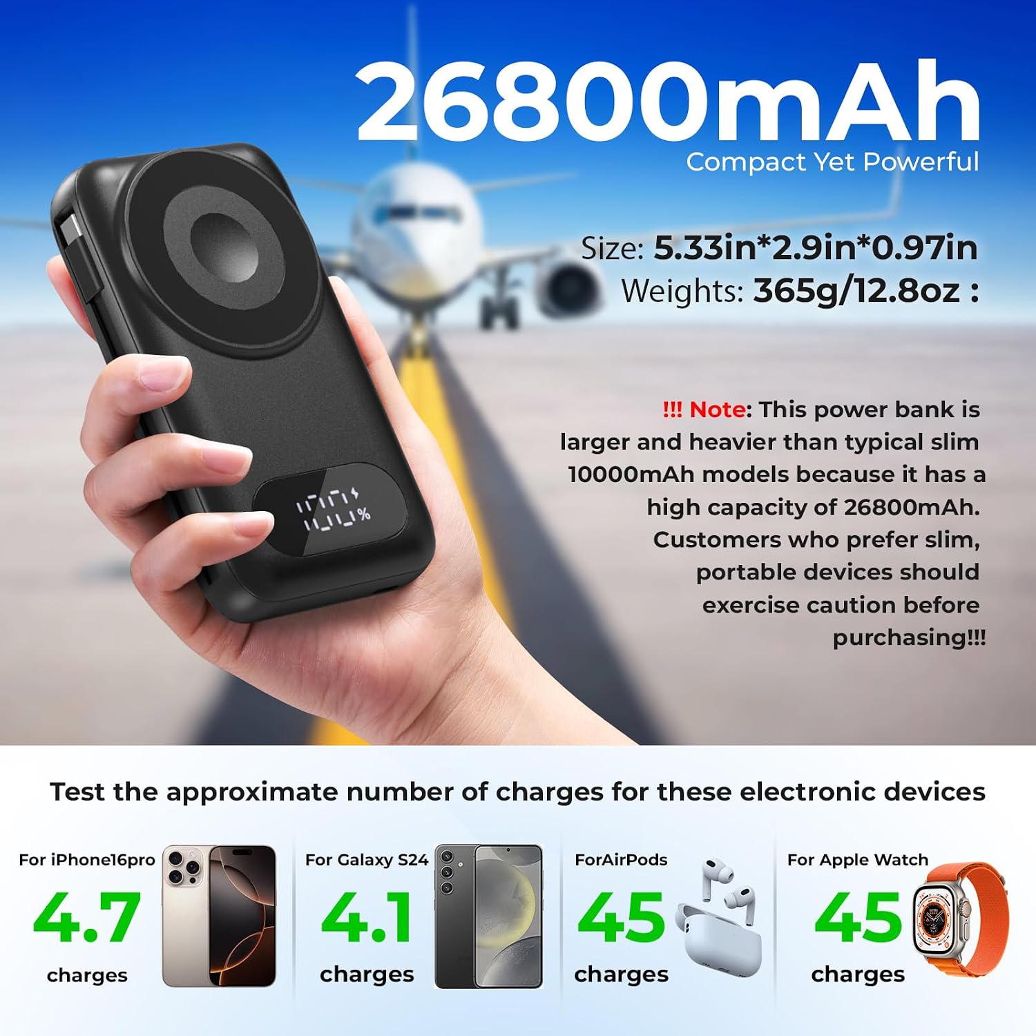 BATERÍA EXTERNA SHENMZ MAGNETIC 26800MAH CON CABLES INTEGRADOS Y CARGA INALÁMBRICA PARA IPHONE Y APPLE WATCH NEGRA - 2