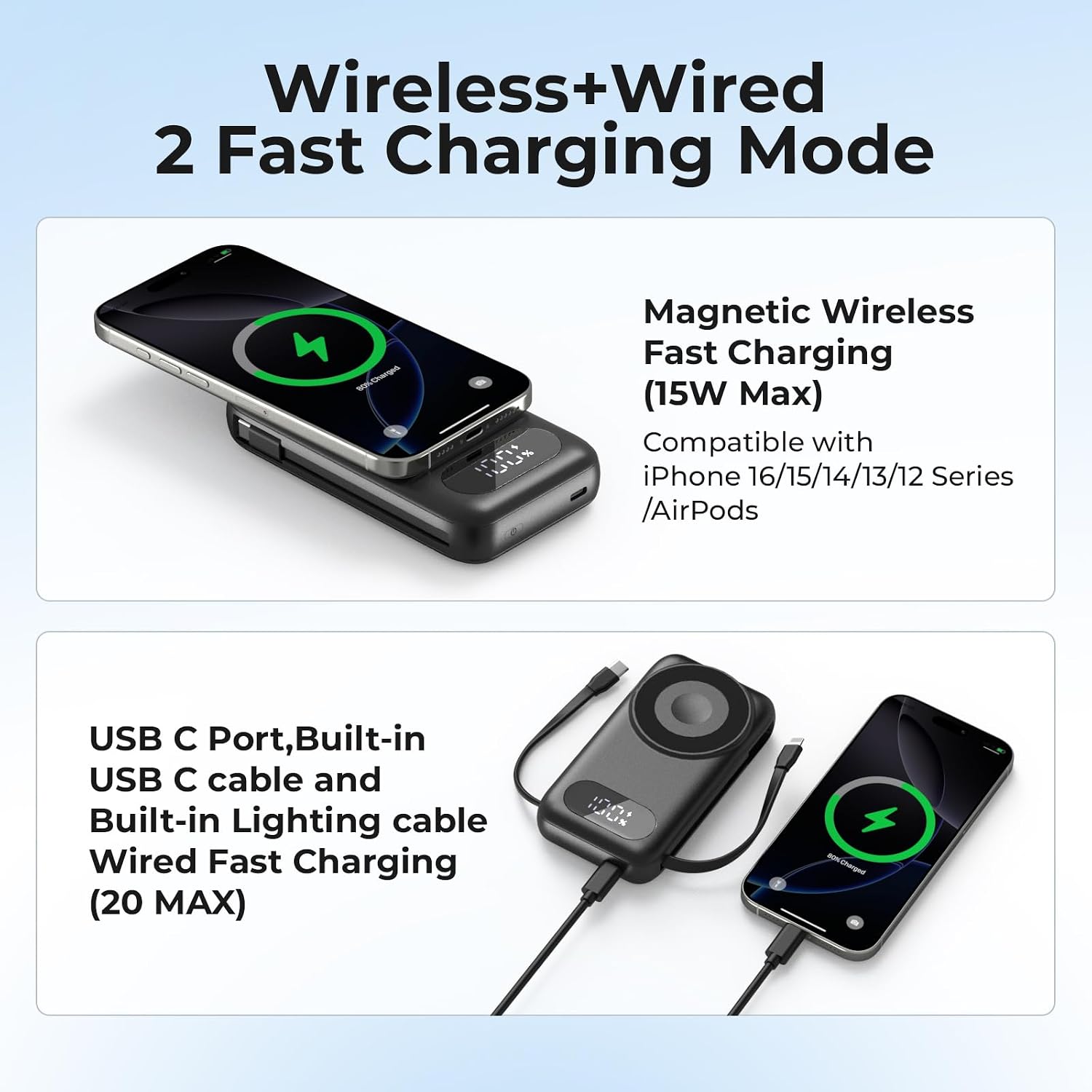 BATERÍA EXTERNA SHENMZ MAGNETIC 26800MAH CON CABLES INTEGRADOS Y CARGA INALÁMBRICA PARA IPHONE Y APPLE WATCH NEGRA - 3