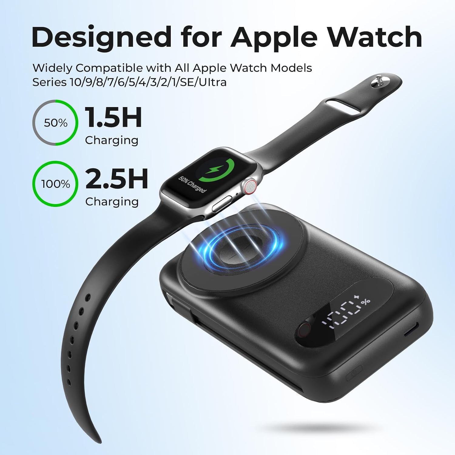 BATERÍA EXTERNA SHENMZ MAGNETIC 26800MAH CON CABLES INTEGRADOS Y CARGA INALÁMBRICA PARA IPHONE Y APPLE WATCH NEGRA - 5